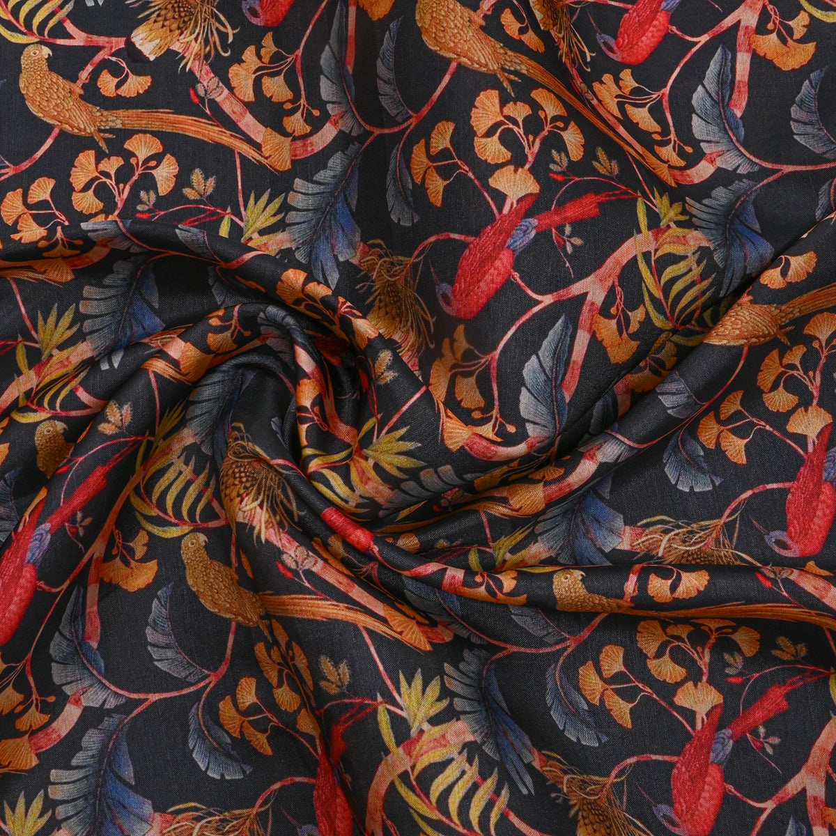Charcoal Parrot Ginkgo Floral Print Tusser Fabric