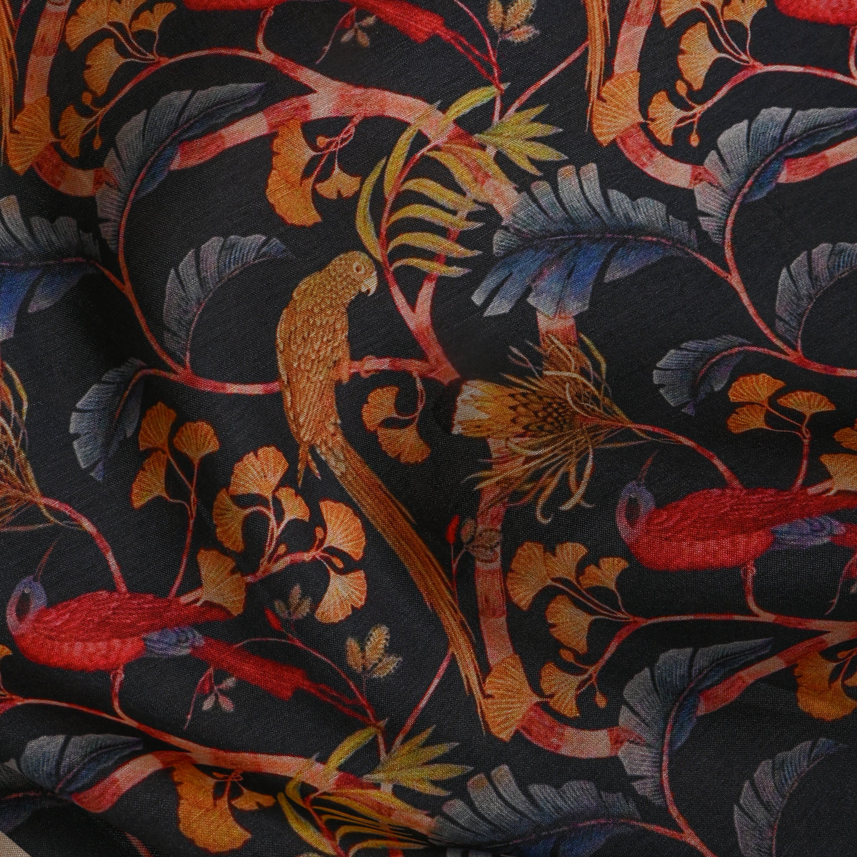 Charcoal Parrot Ginkgo Floral Print Tusser Fabric
