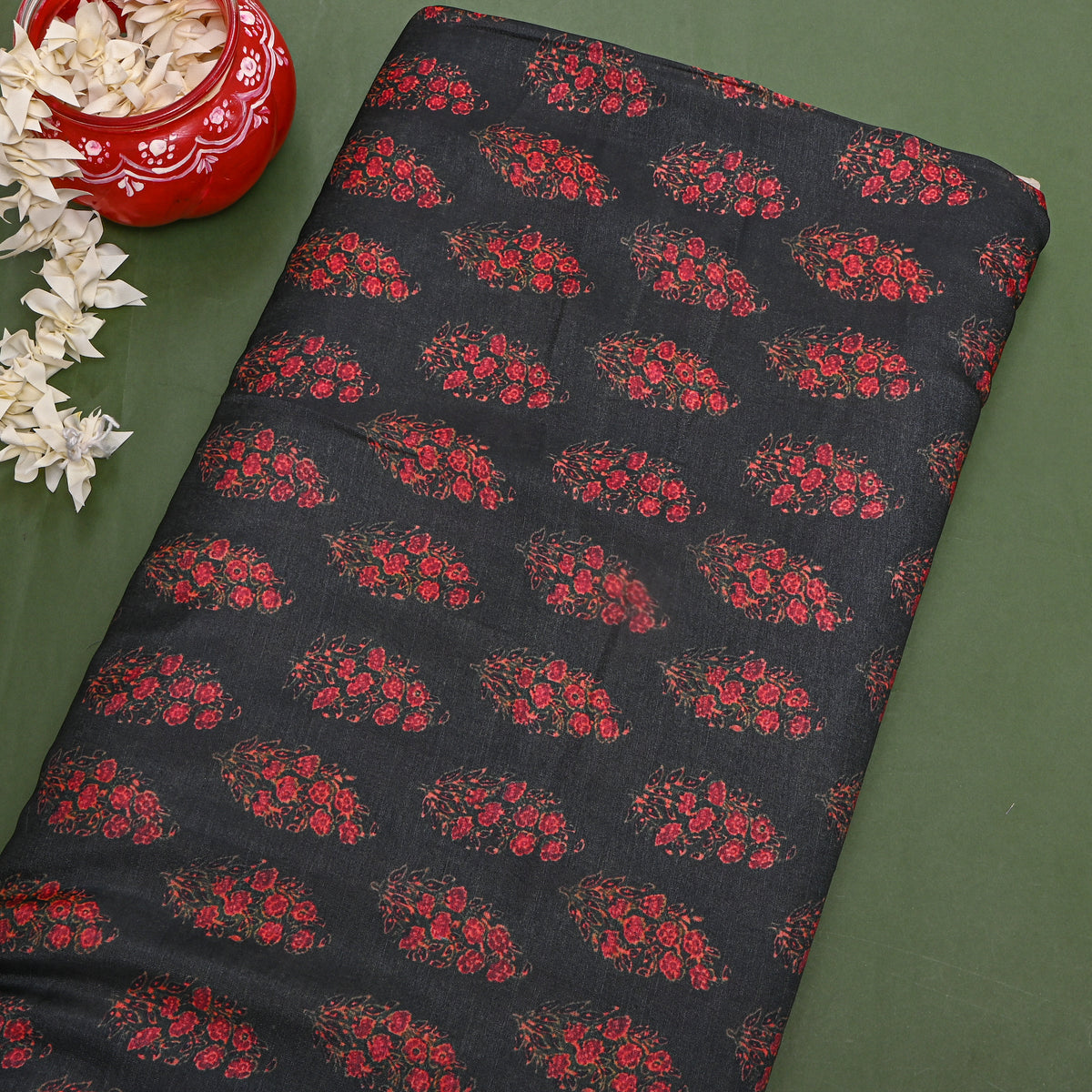 Ebony Rose Bouquet Floral Print TussarFabric