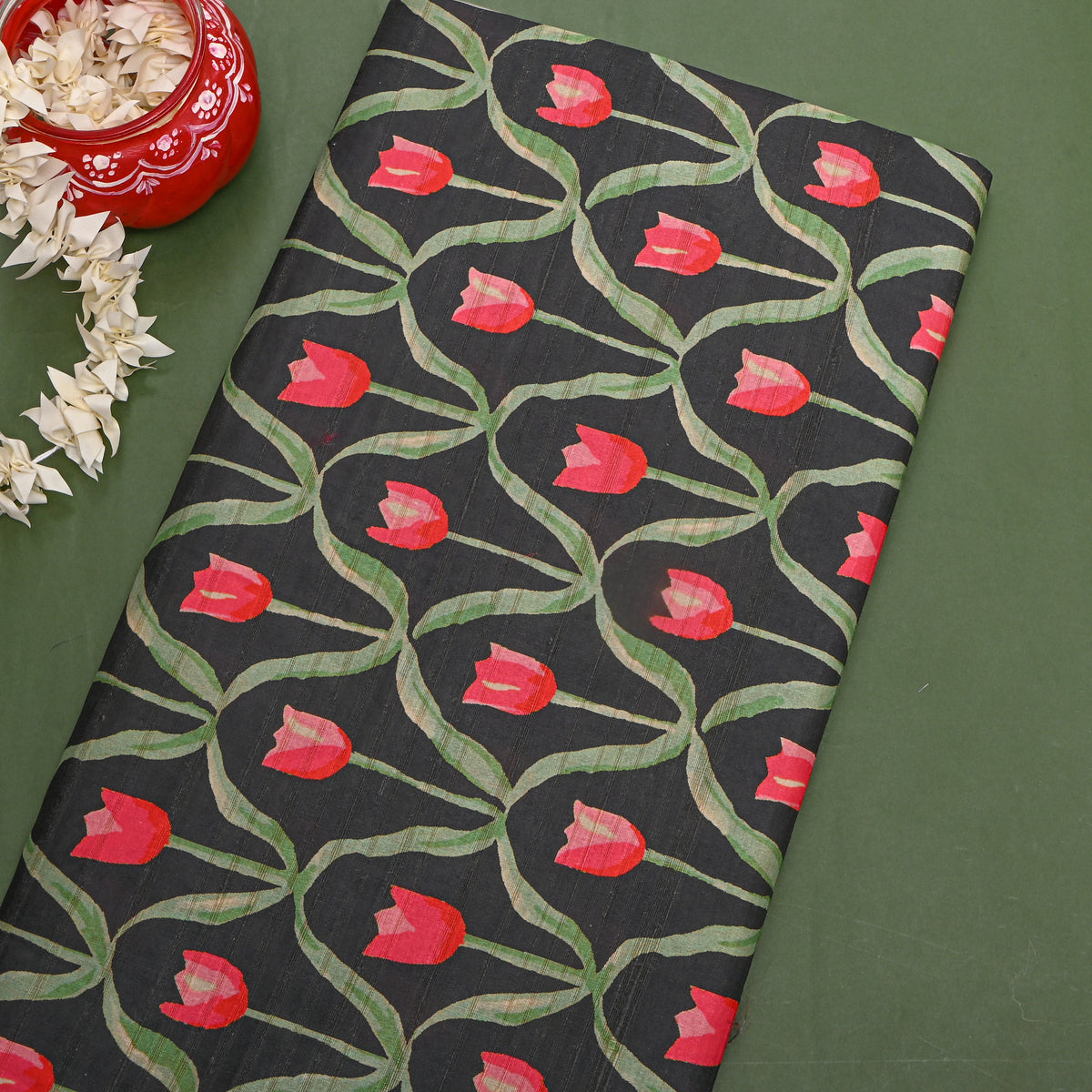 Raven Tulip Trellis Print TussarFabric