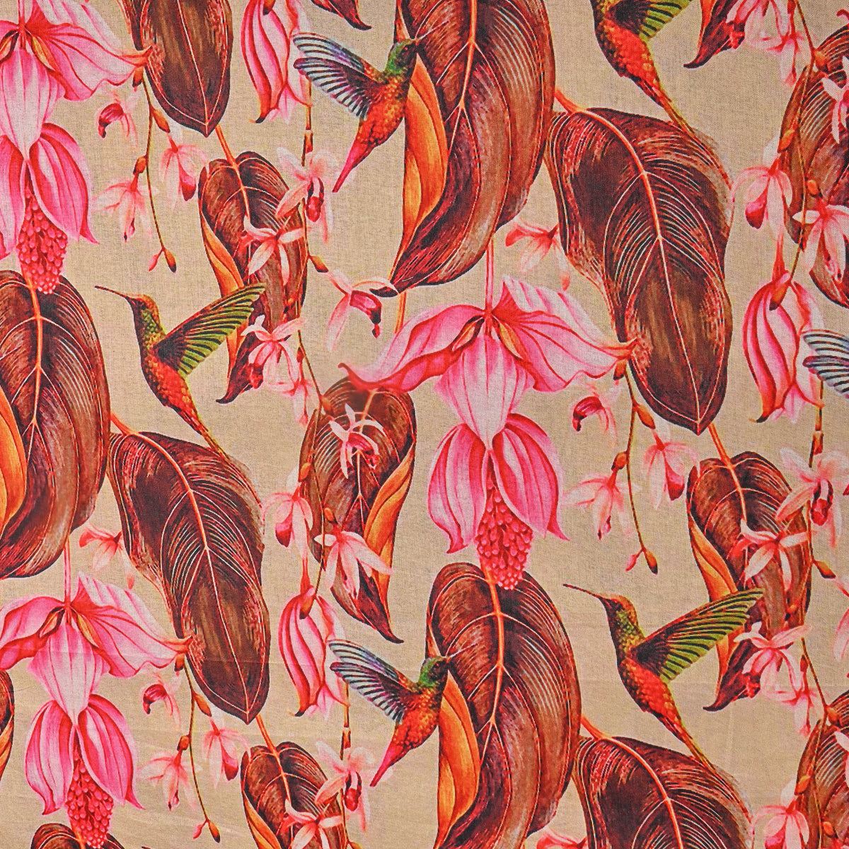 Fawn Hummingbird Floral Print Tusser Fabric