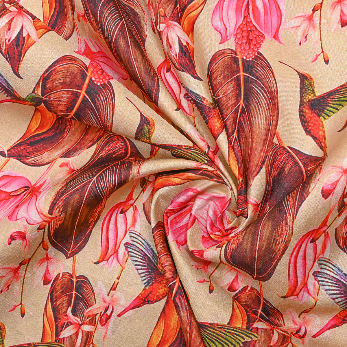 Fawn Hummingbird Floral Print Tusser Fabric