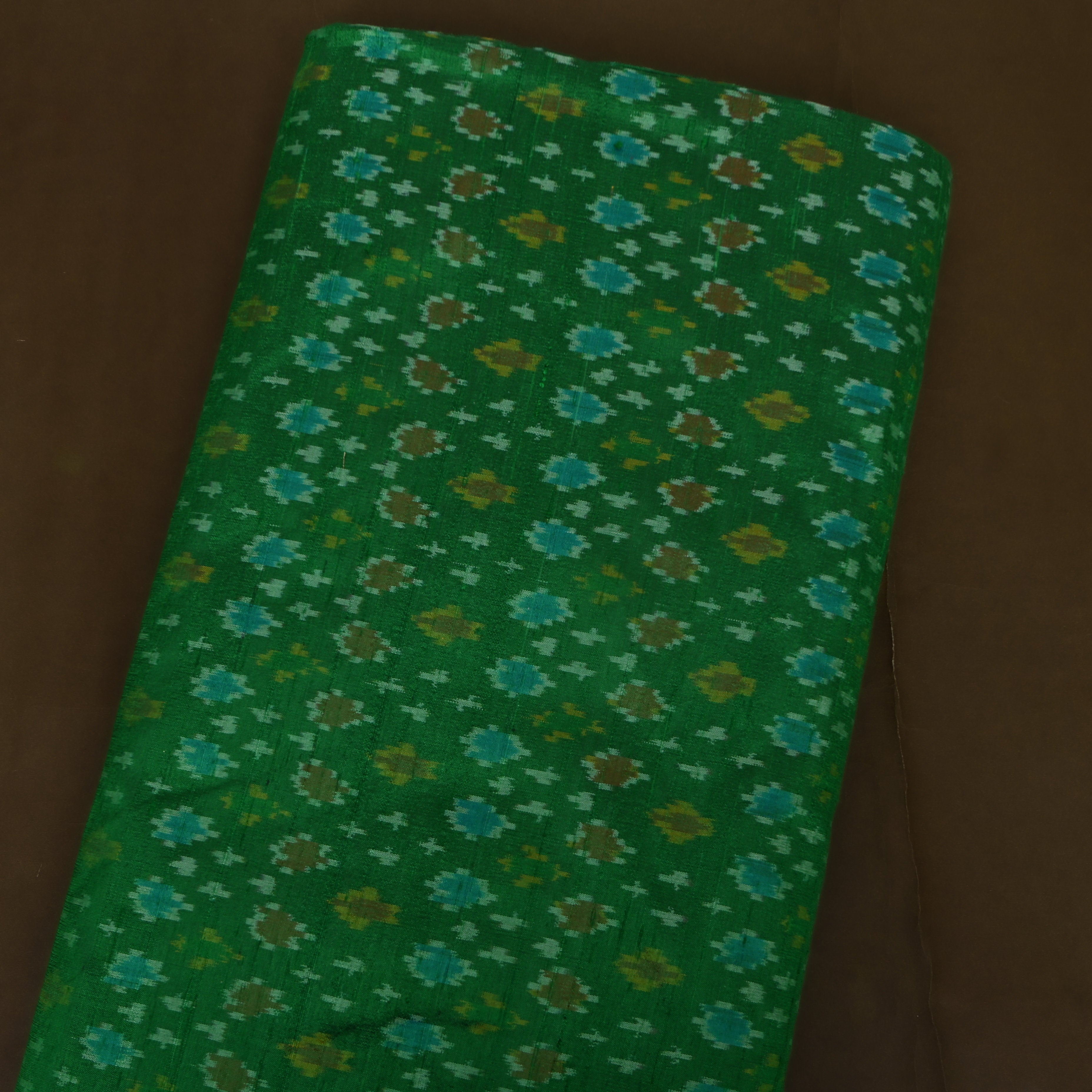 Bottle Green Dupion Silk With Multicolor Ikat Motifs