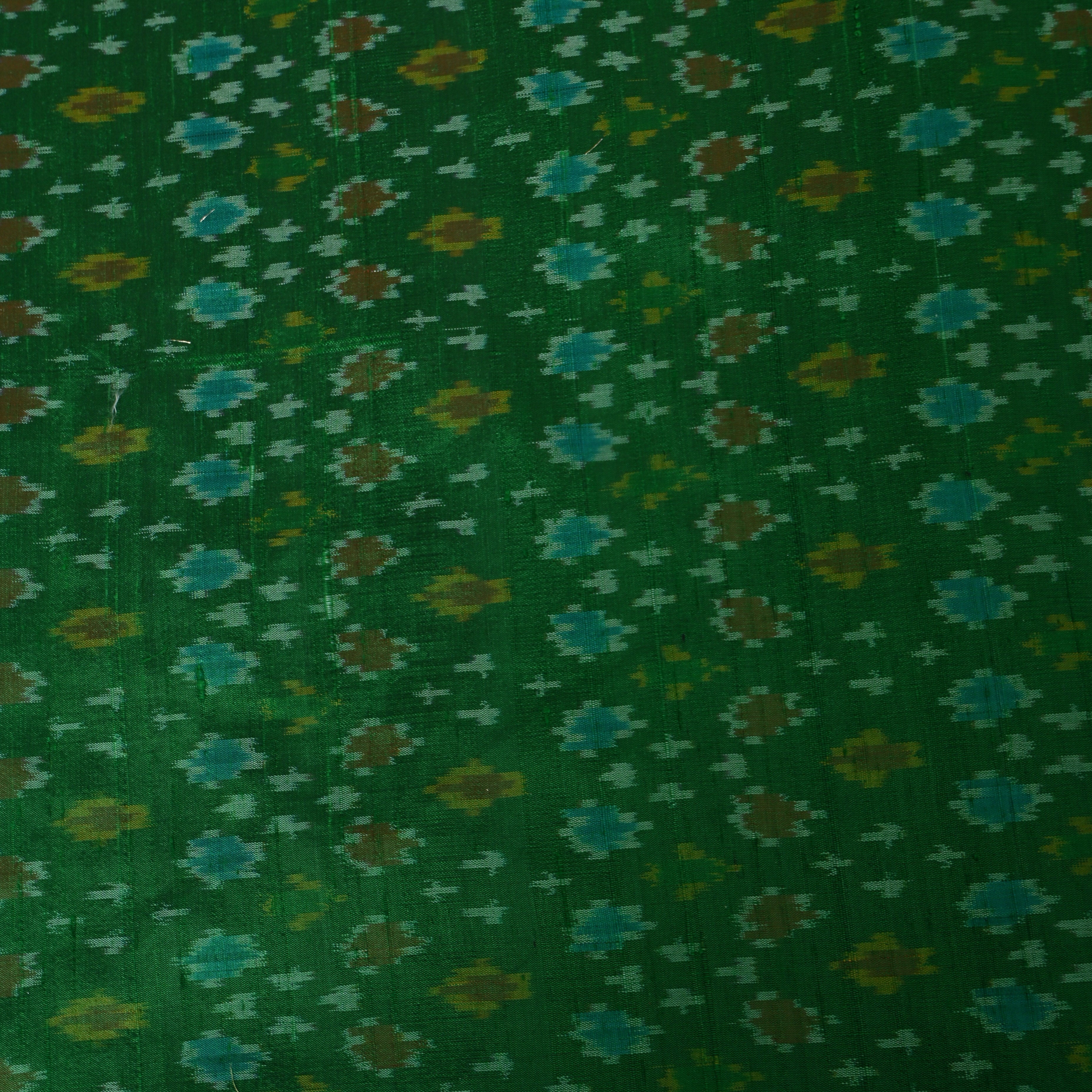 Bottle Green Dupion Silk With Multicolor Ikat Motifs