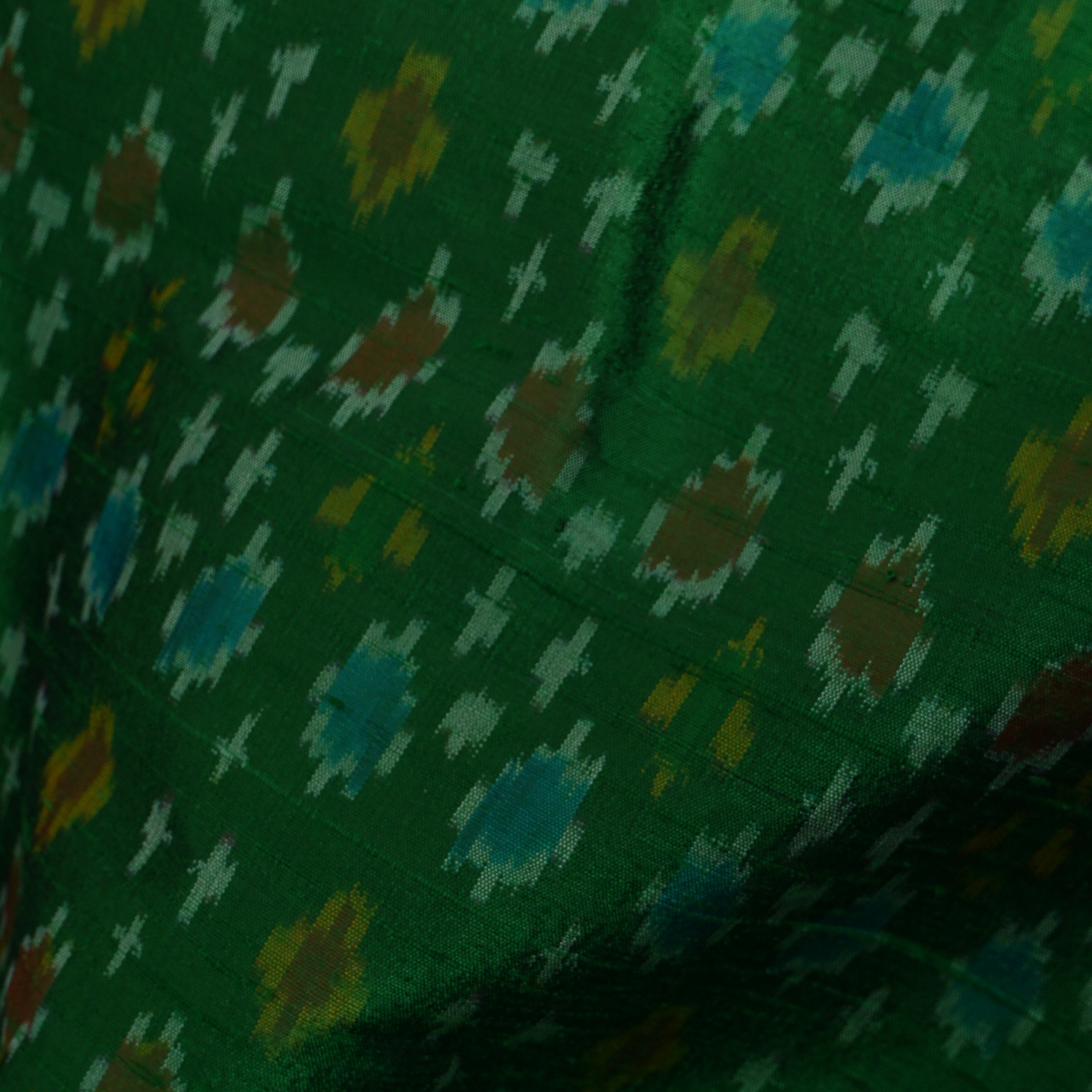 Bottle Green Dupion Silk With Multicolor Ikat Motifs