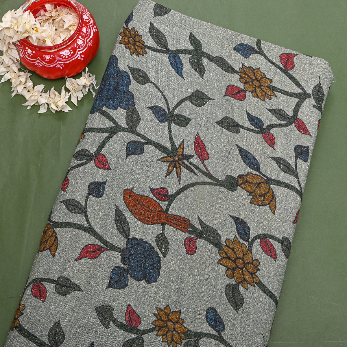 Sage Bird Vine Jaal Digital Print Raw Silk Fabric