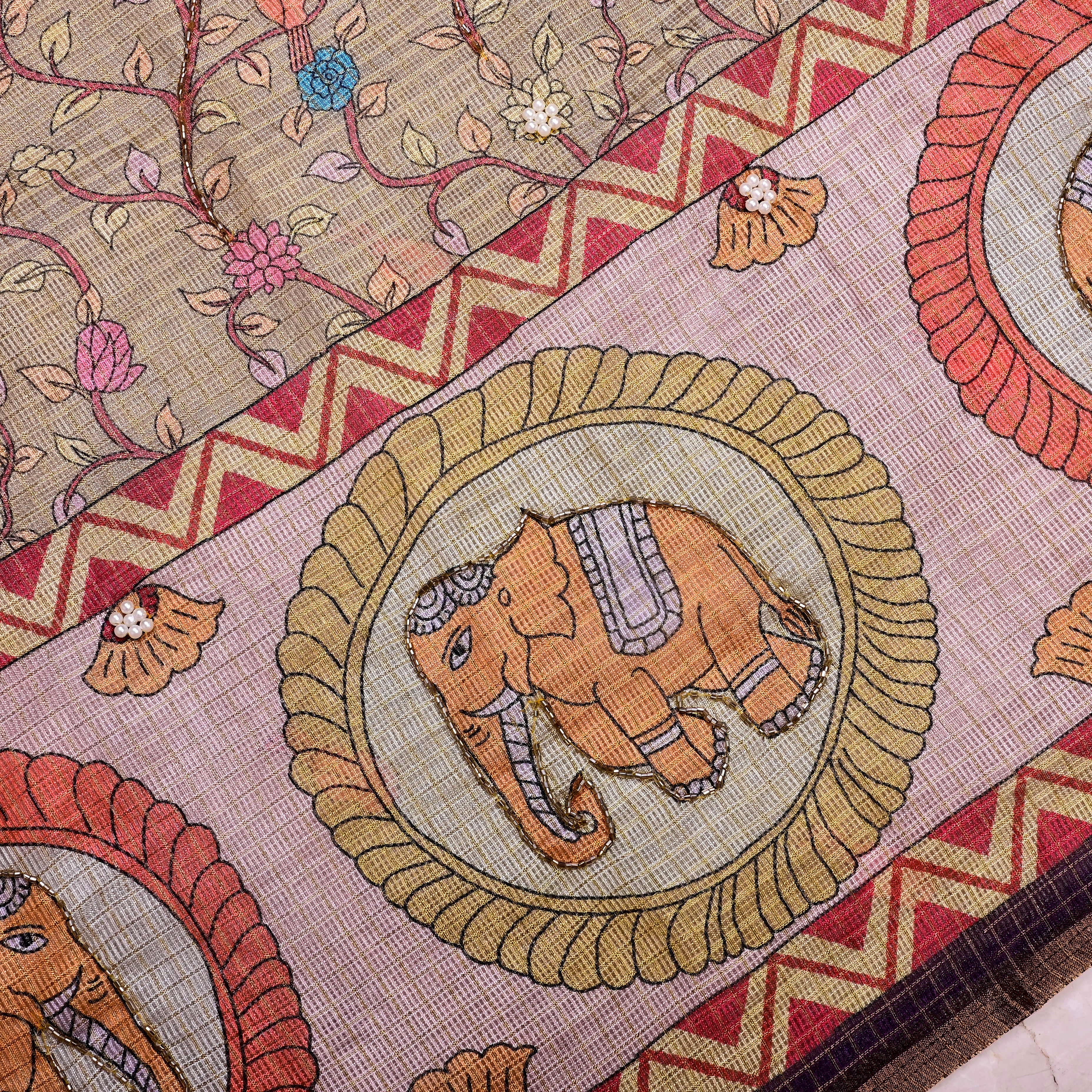 Beige Kota Fabric With Printed Embroidery
