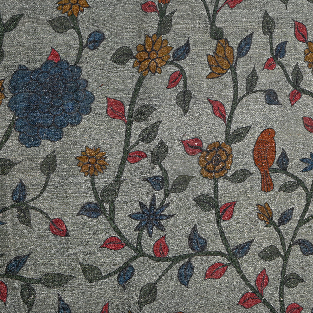 Sage Bird Vine Jaal Digital Print Raw Silk Fabric