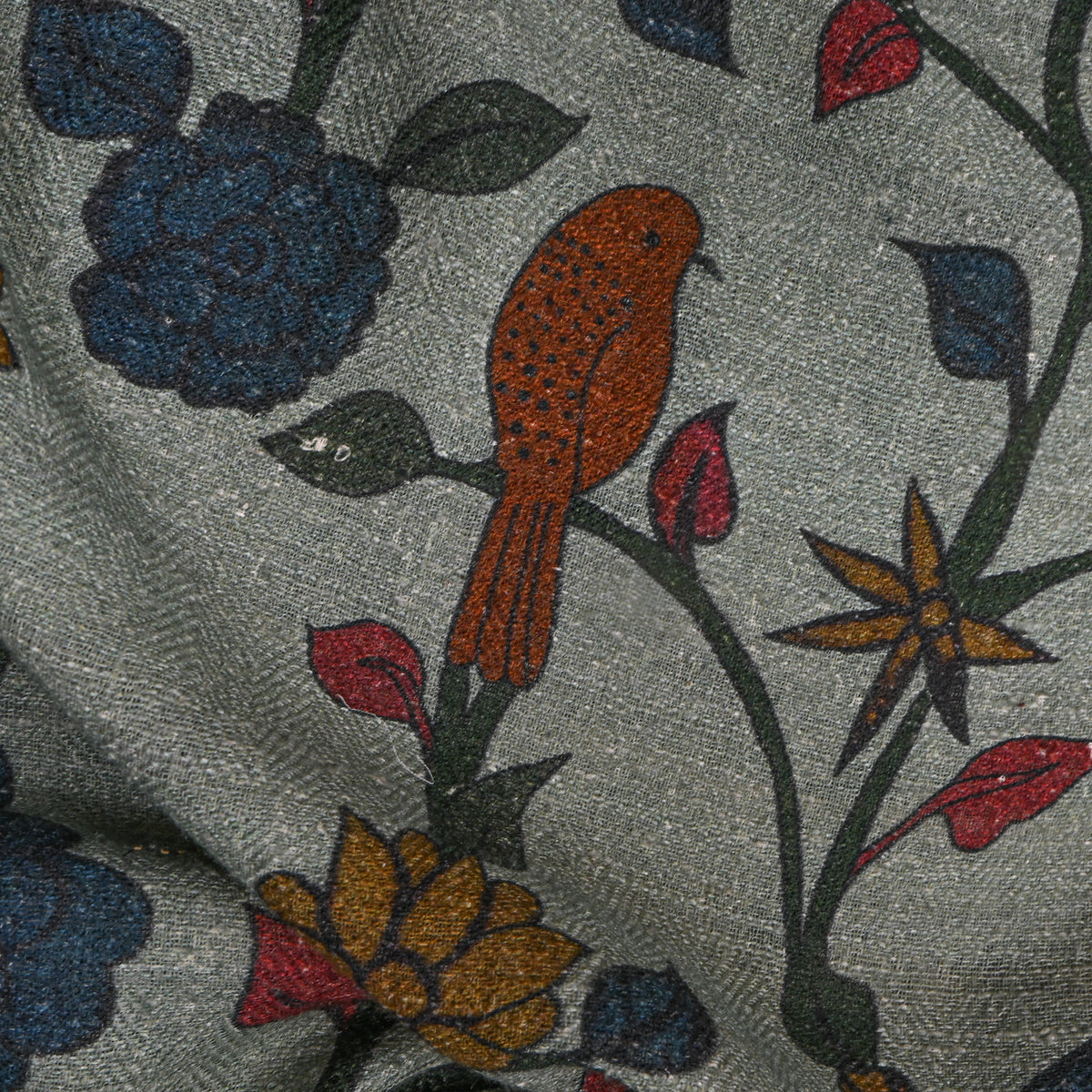 Sage Bird Vine Jaal Digital Print Raw Silk Fabric