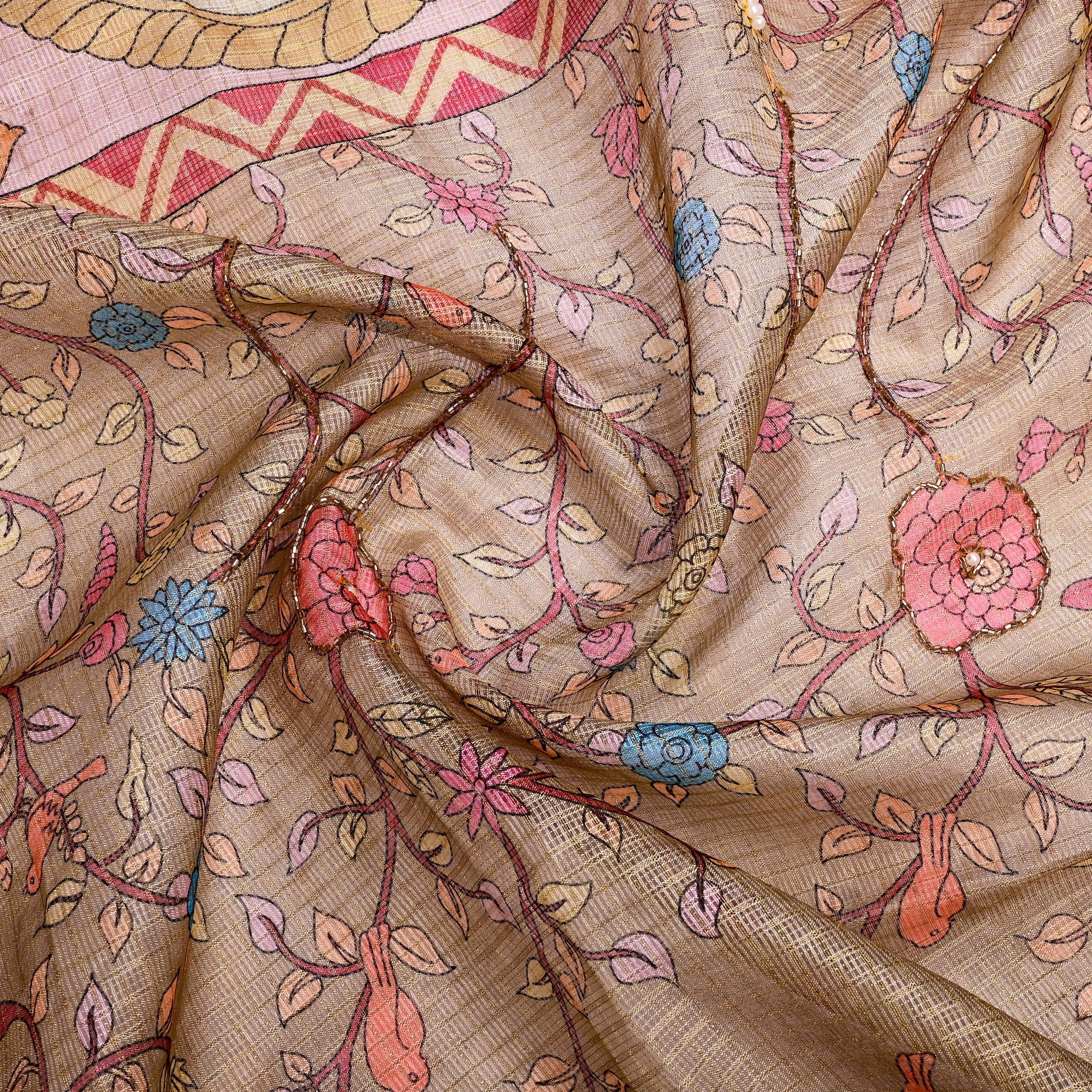 Beige Kota Fabric With Printed Embroidery