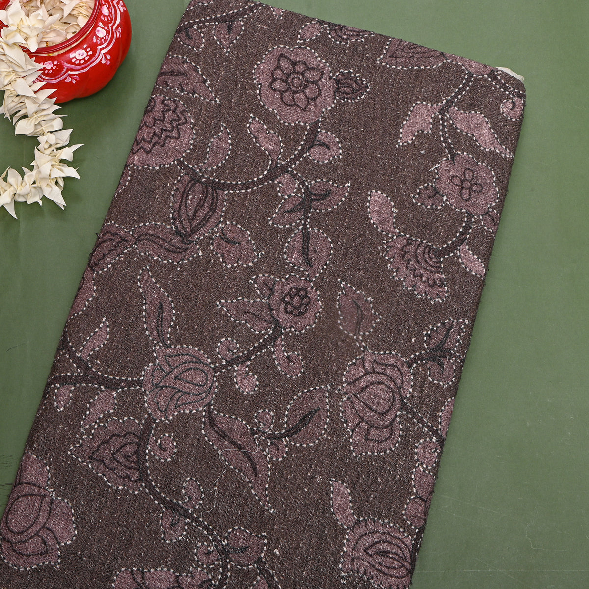 Cocoa Brown Floral Digital Print Raw Silk Fabric