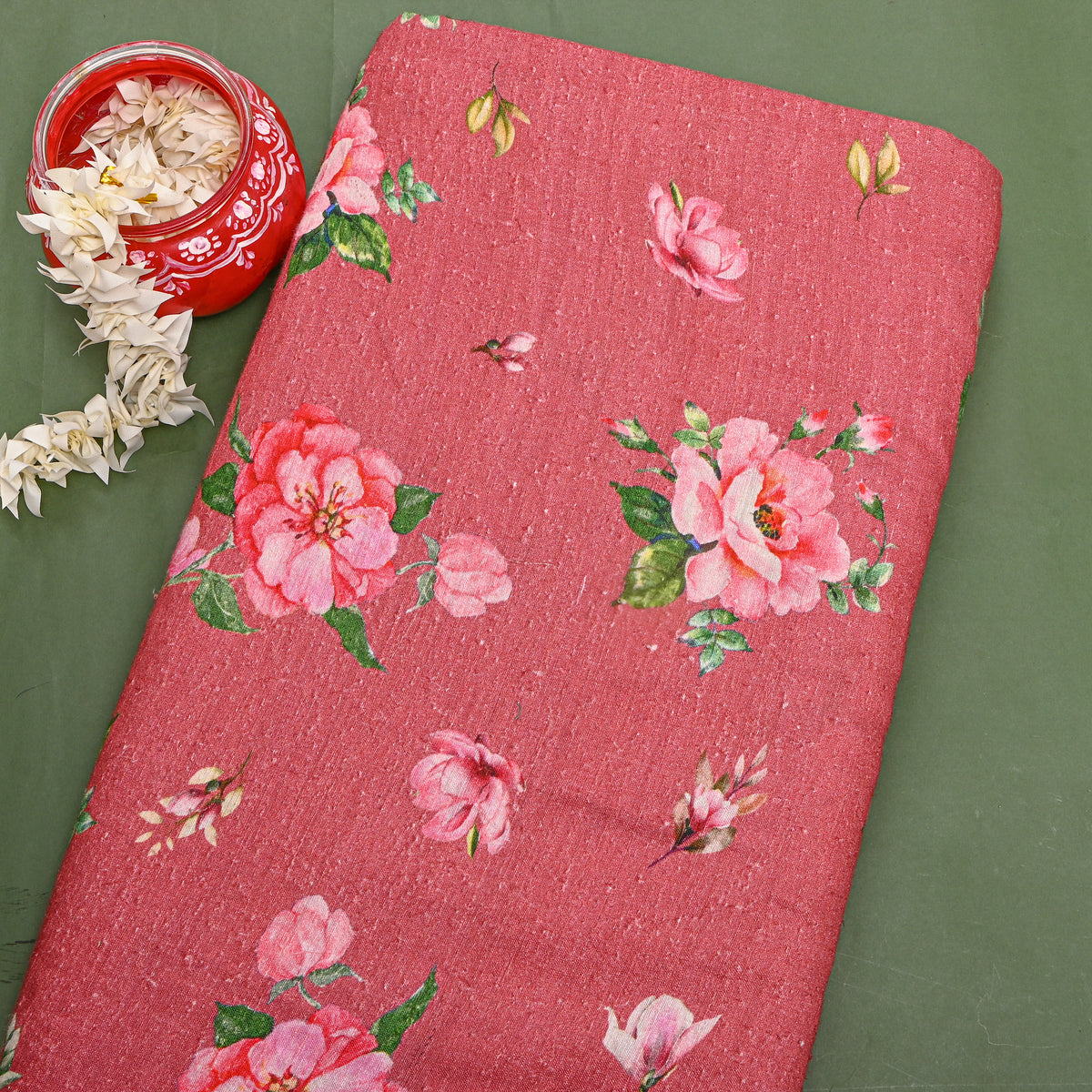 Rose Pink Floral Print Raw Silk Fabric