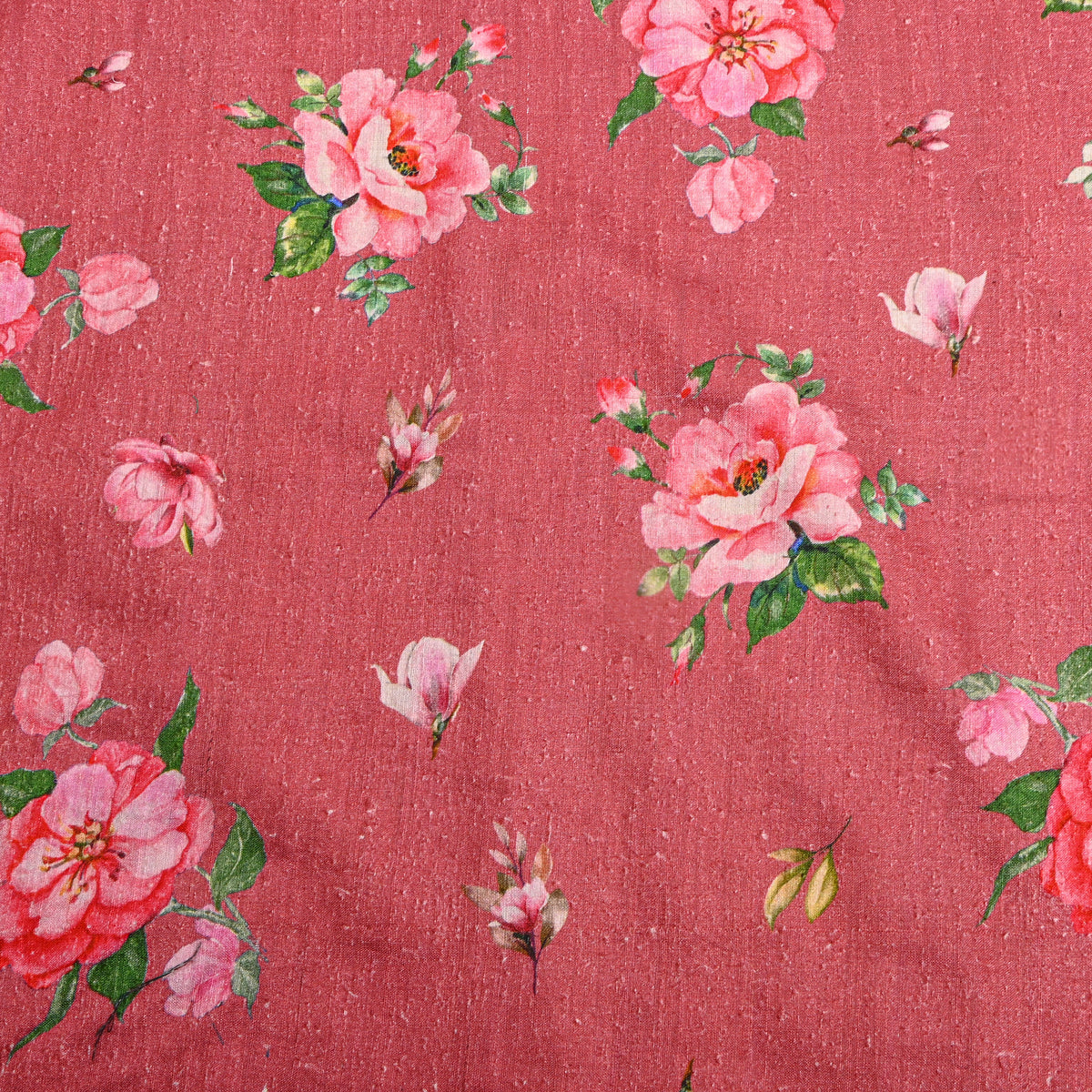 Rose Pink Floral Print Raw Silk Fabric