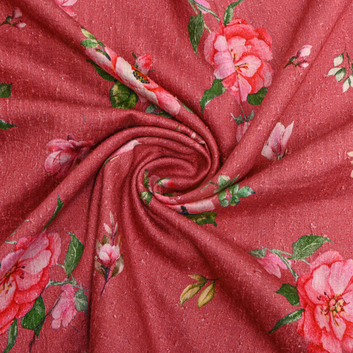 Rose Pink Floral Print Raw Silk Fabric
