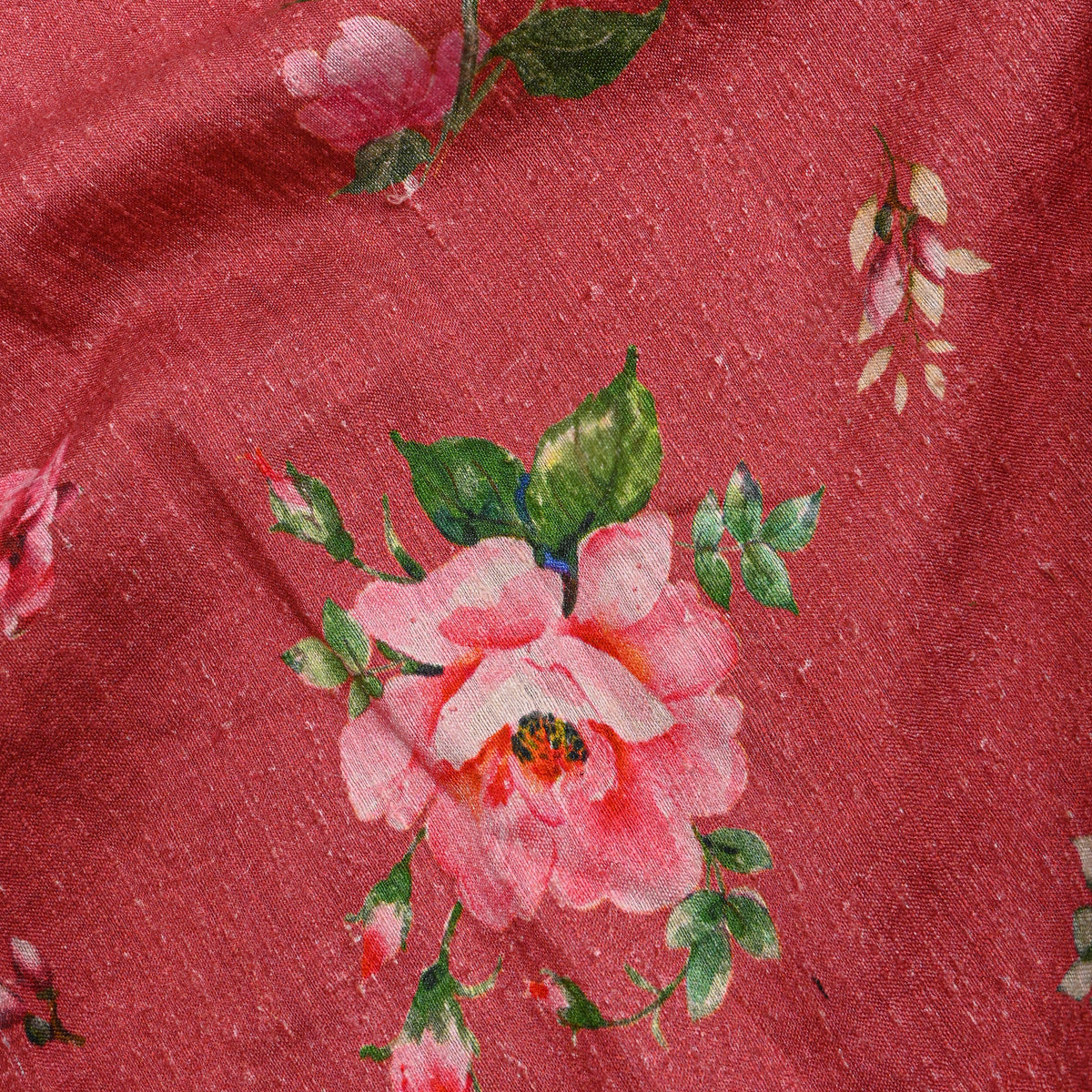 Rose Pink Floral Print Raw Silk Fabric