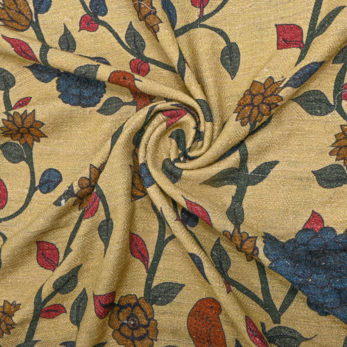 Butter Yellow Floral Jaal Digital Print Raw Silk Fabric