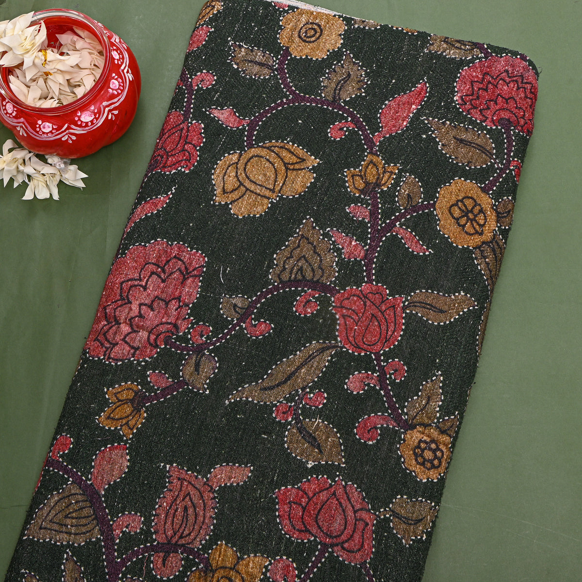 Olive Green Floral Jaal Digital Print Raw Silk Fabric