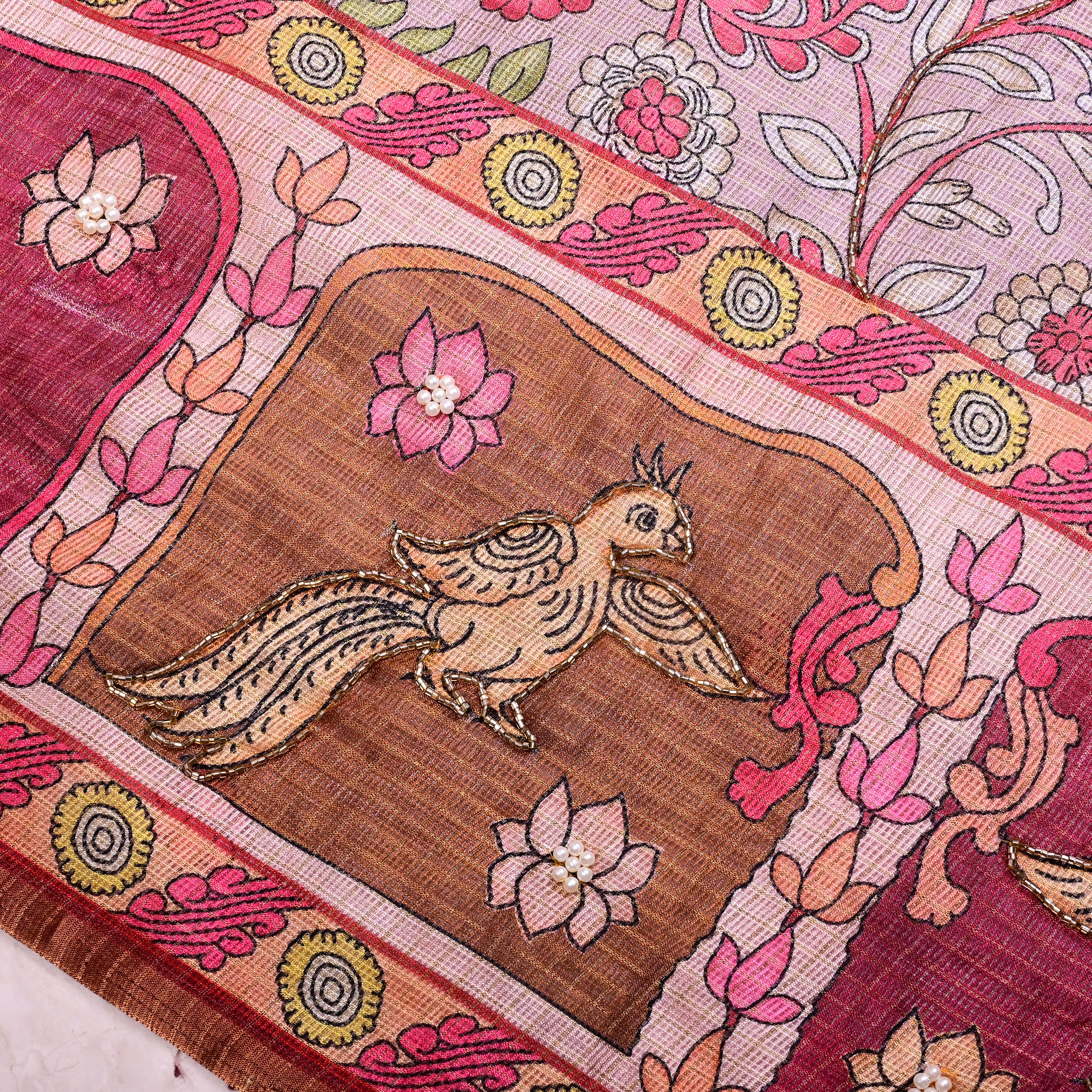 Champagne Pink Kota Fabric With Printed Embroidery