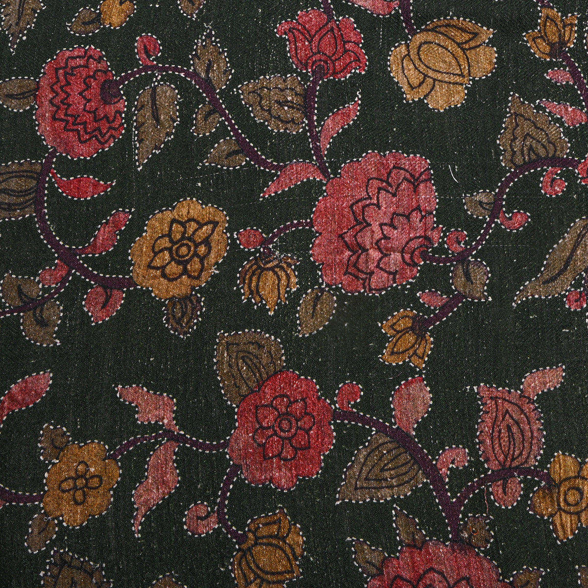 Olive Green Floral Jaal Digital Print Raw Silk Fabric
