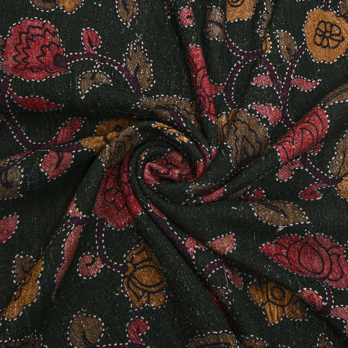 Olive Green Floral Jaal Digital Print Raw Silk Fabric