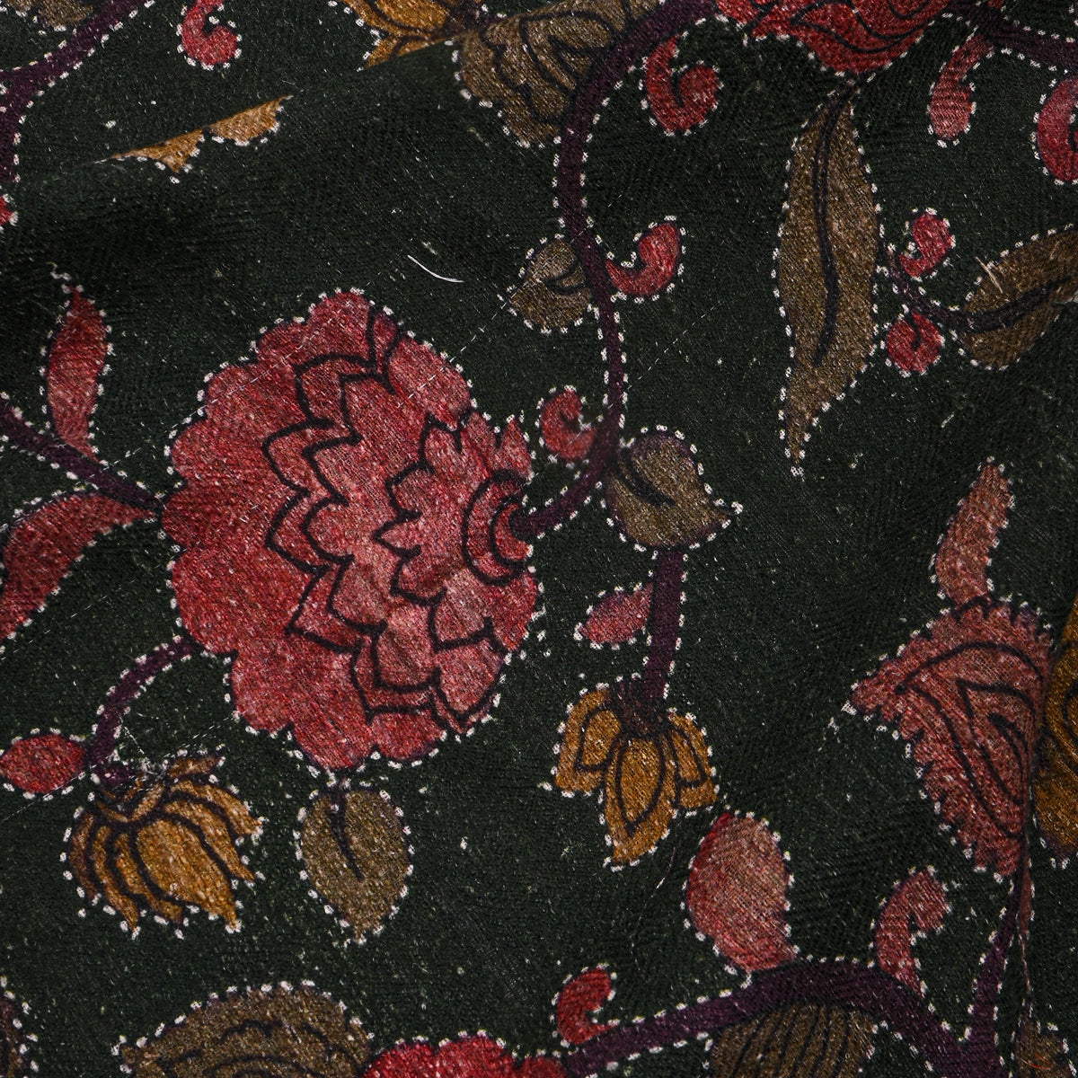 Olive Green Floral Jaal Digital Print Raw Silk Fabric