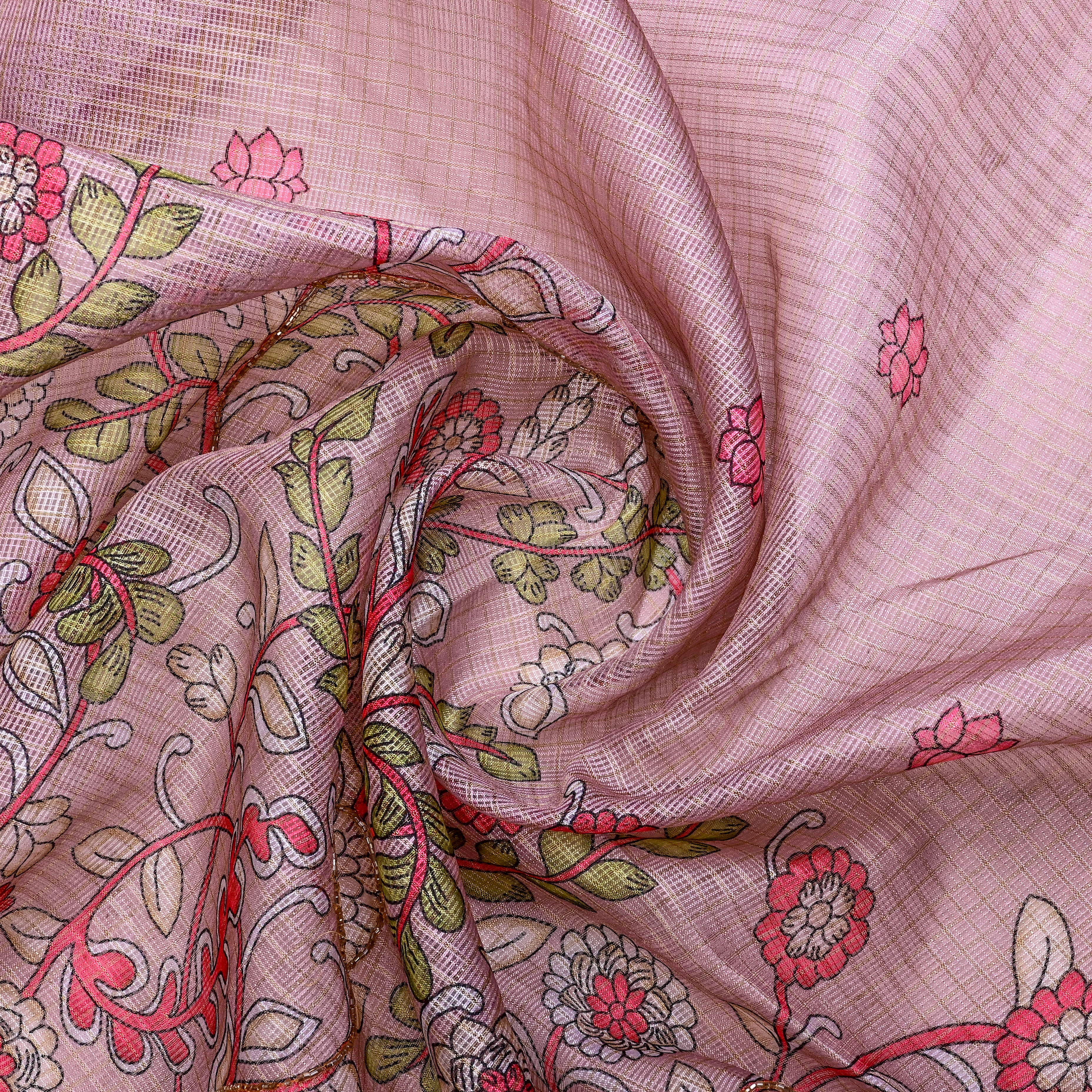 Champagne Pink Kota Fabric With Printed Embroidery