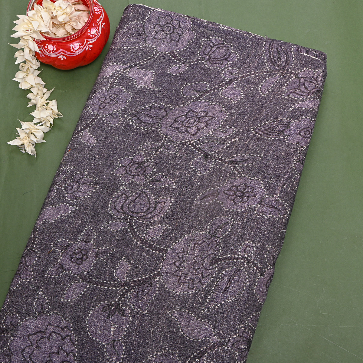 Aubergine Floral Jaal Digital Print Raw Silk Fabric