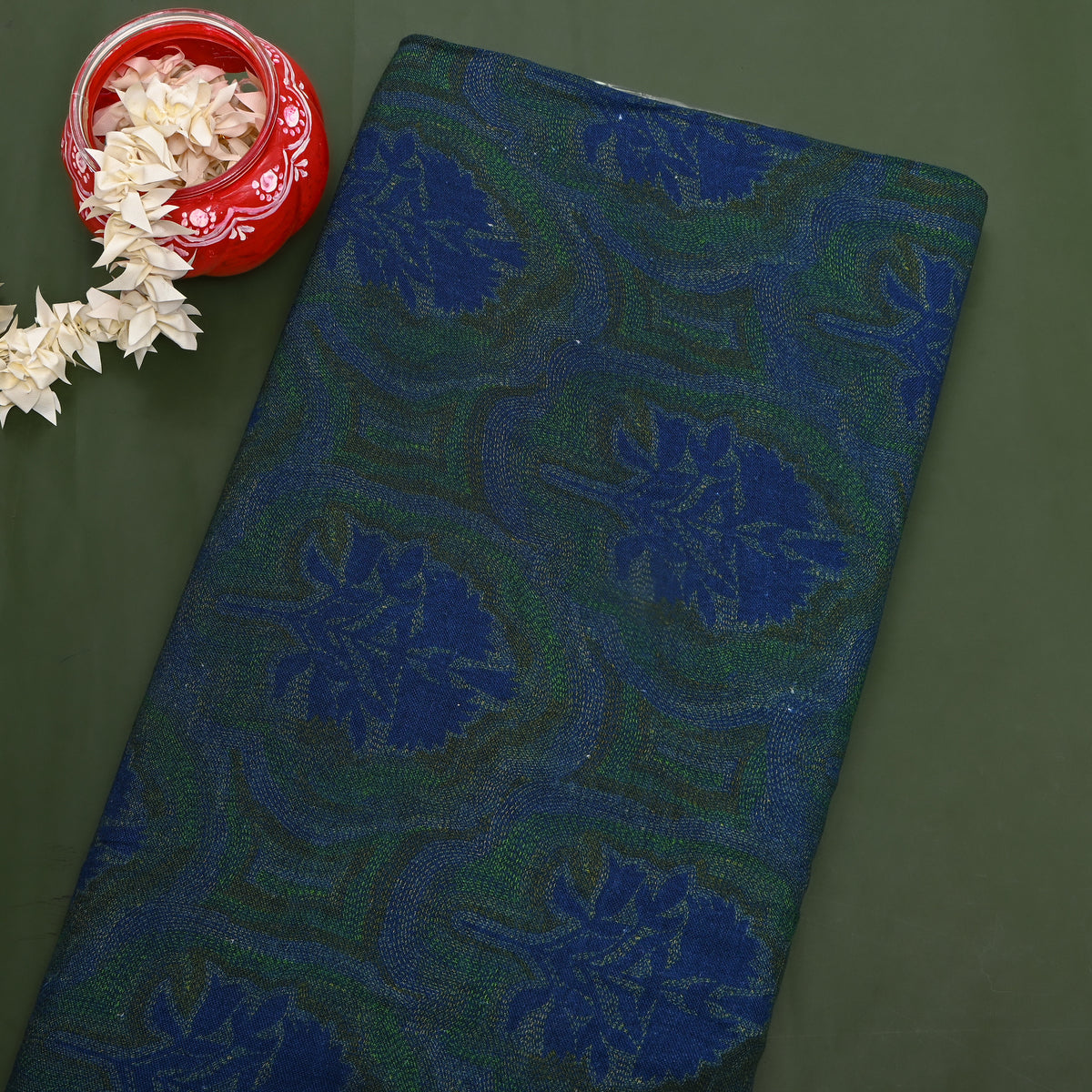 Peacock Blue Floral Print Matka Silk Fabric