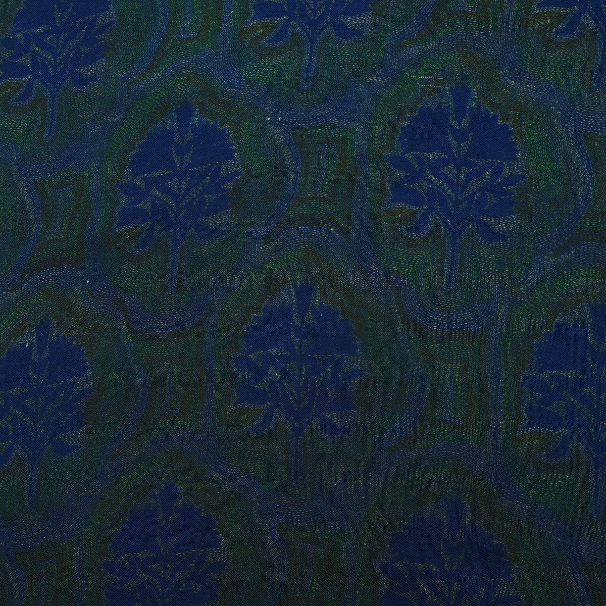 Peacock Blue Floral Print Matka Silk Fabric