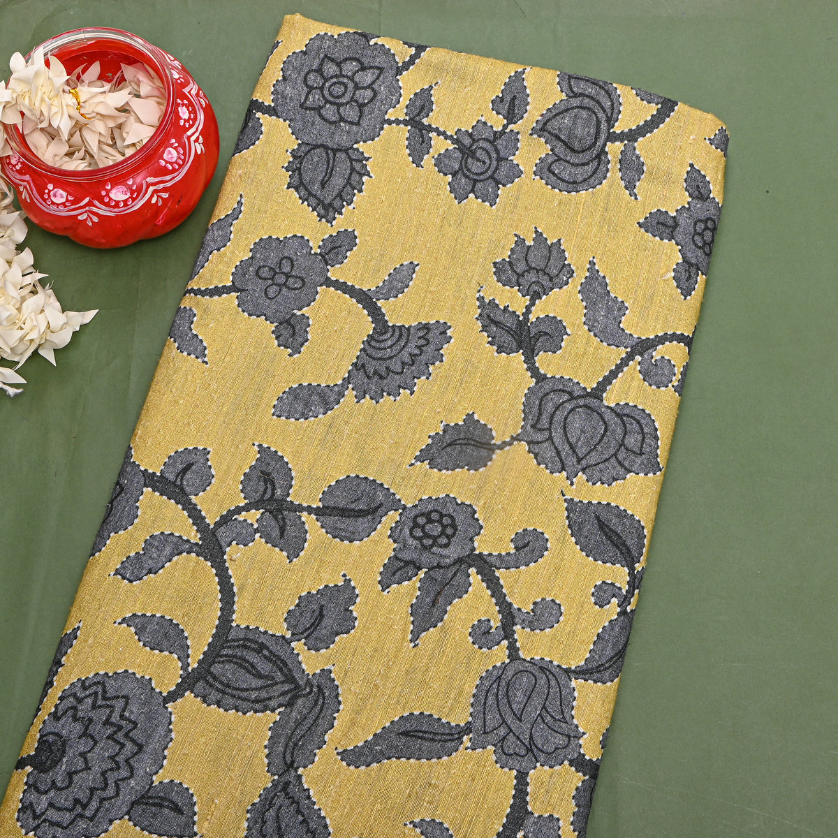Turmeric Yellow Grey Vine Digital Print Raw Silk Fabric