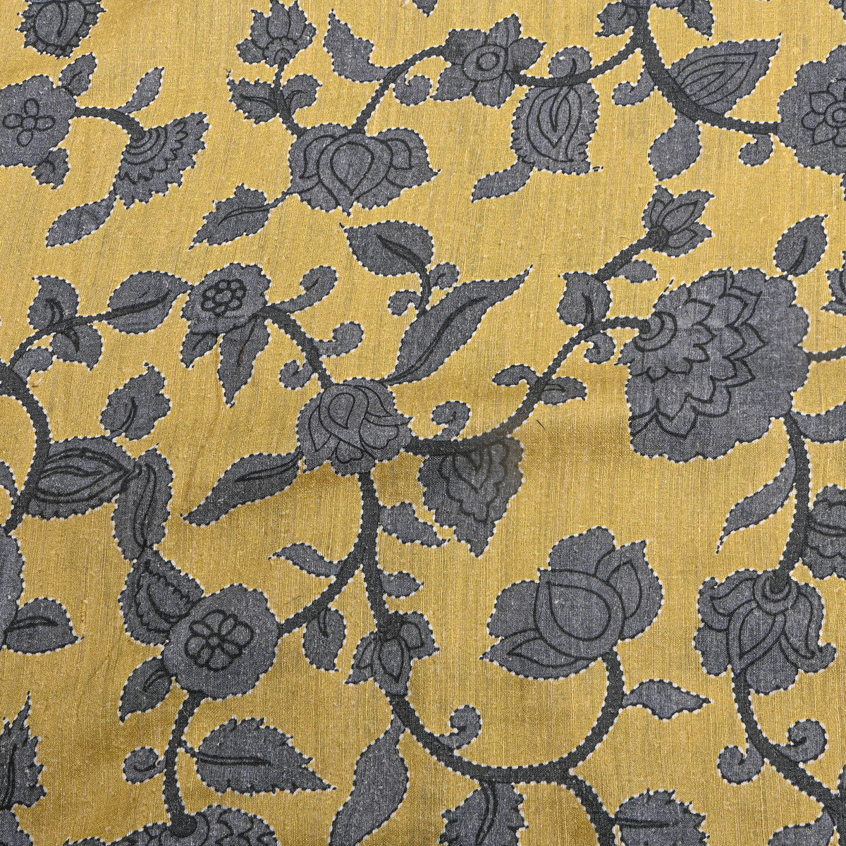 Turmeric Yellow Grey Vine Digital Print Raw Silk Fabric