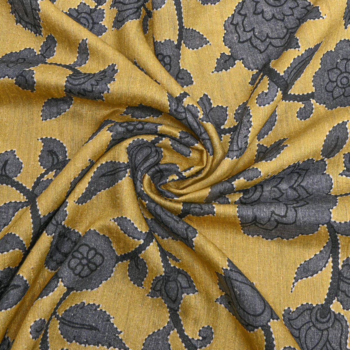 Turmeric Yellow Grey Vine Digital Print Raw Silk Fabric