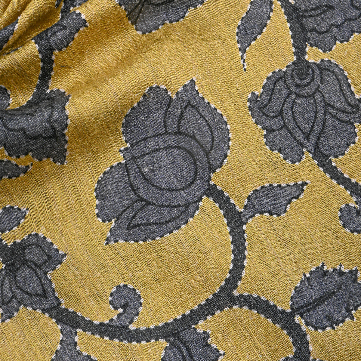 Turmeric Yellow Grey Vine Digital Print Raw Silk Fabric