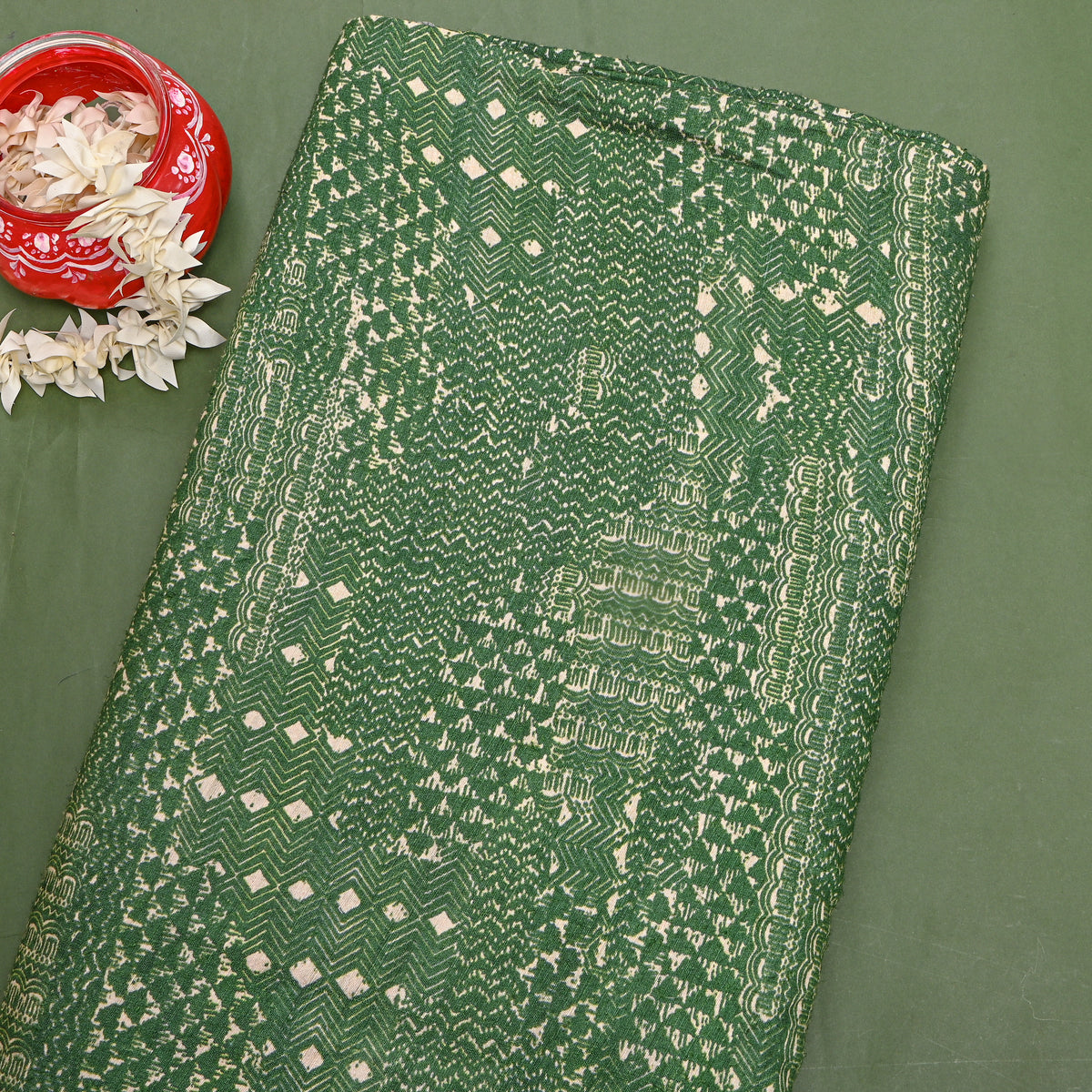Fern Green Geometric Print Matka Silk Fabric