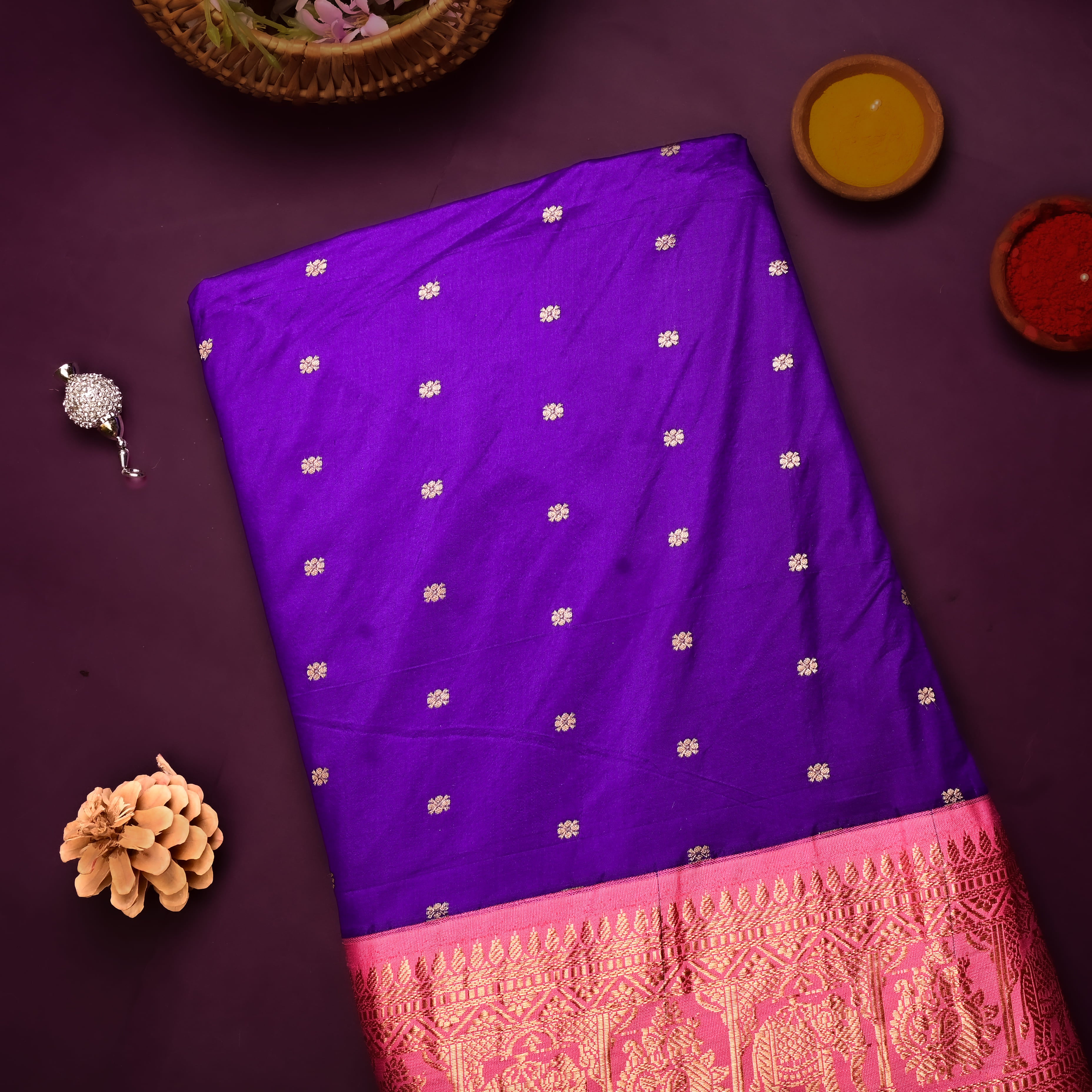 Violet Silk Fabric With Banarasi Border