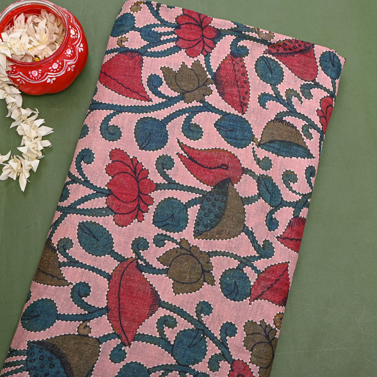 Dusty Rose Lotus Digital Print Raw Silk Fabric