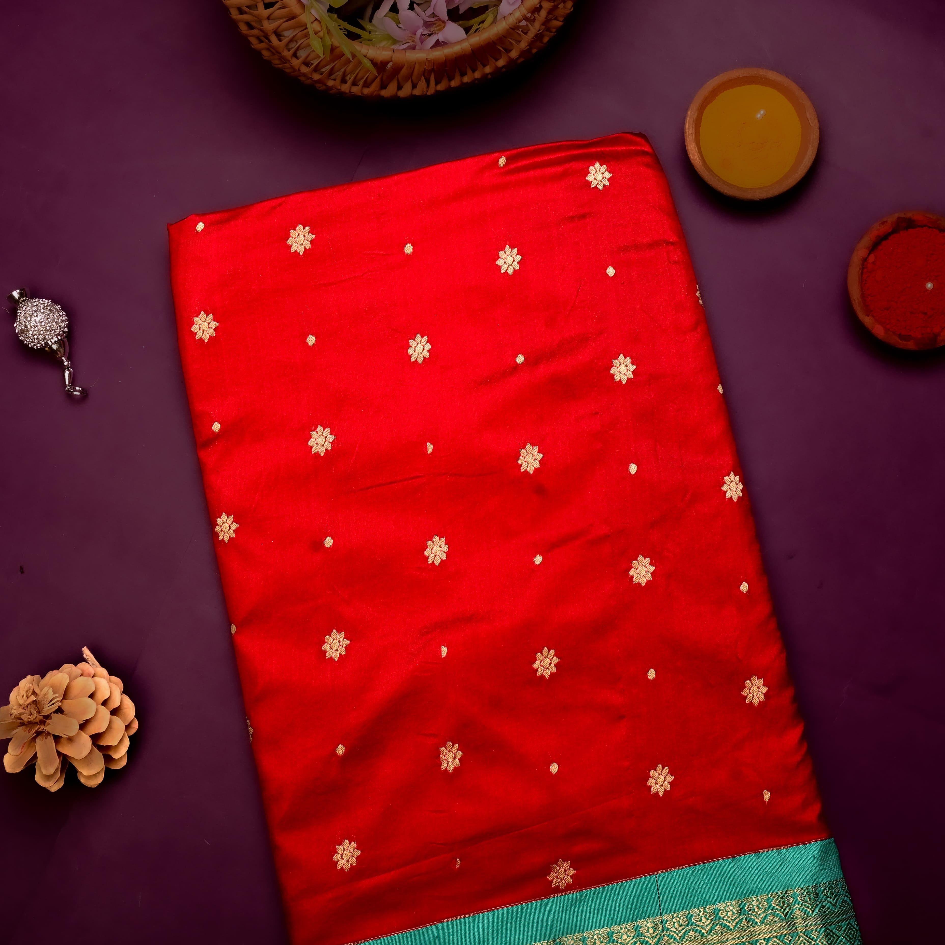 Red Silk Fabric With Banarasi Border