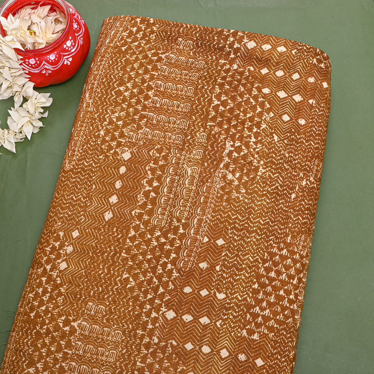 Toffee Beige Geometric Print Matka Silk Fabric