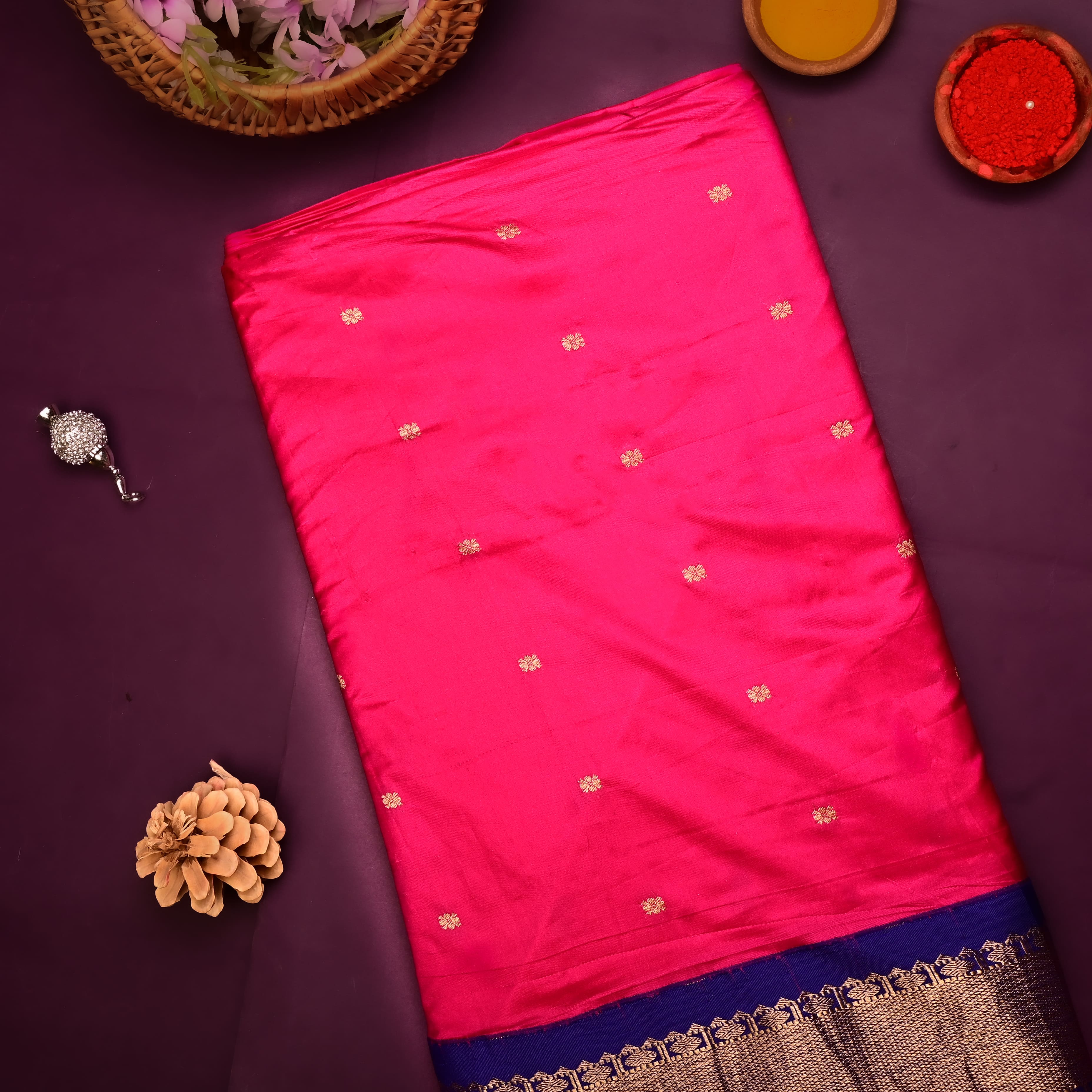 Hot Pink Silk Fabric With Banarasi Border