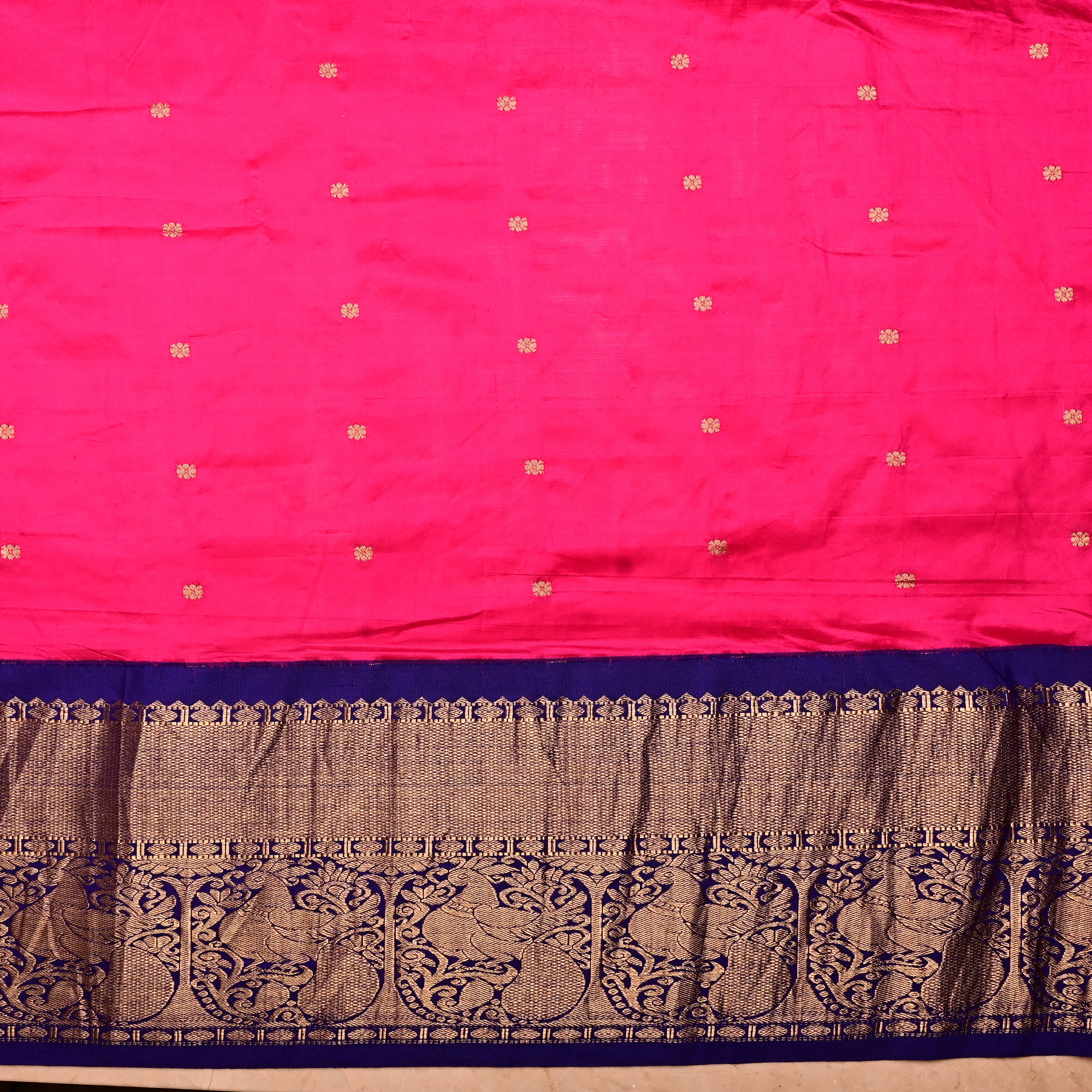 Hot Pink Silk Fabric With Banarasi Border