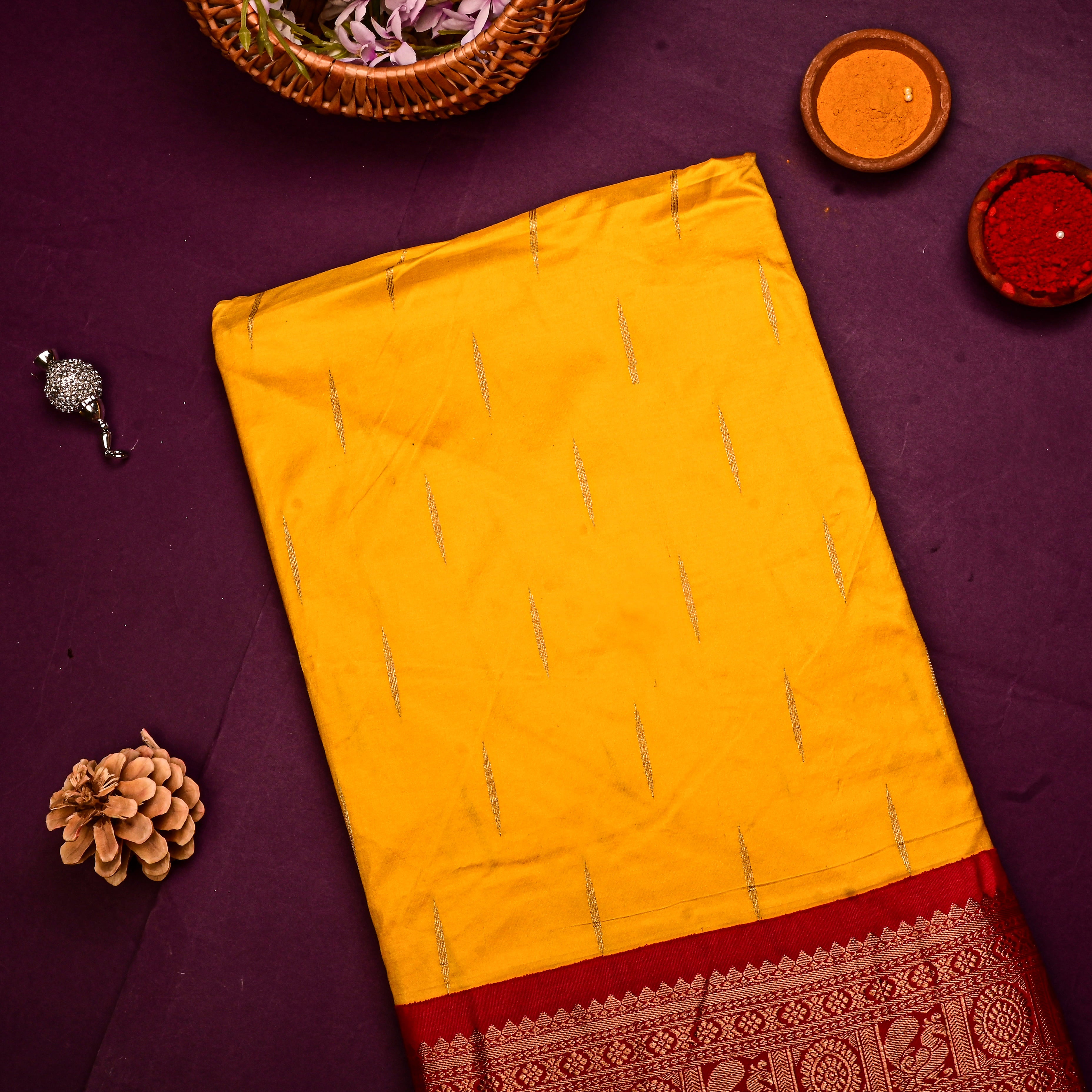 Yellow Orange Silk Fabric With Banarasi Border