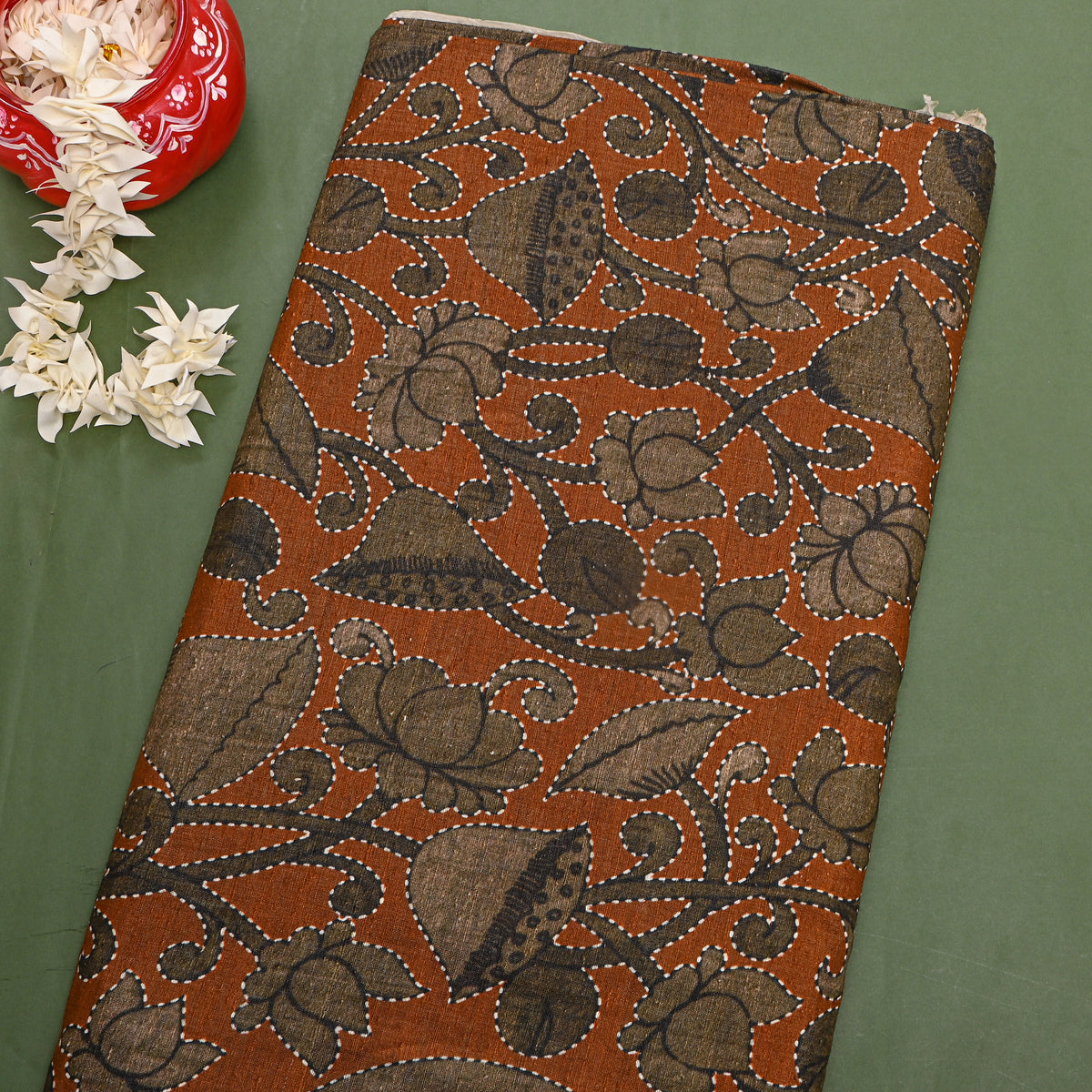 Rust Lotus Digital Print Raw Silk Fabric