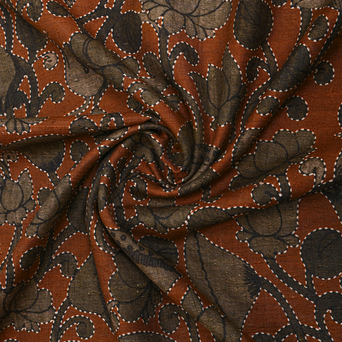 Rust Lotus Digital Print Raw Silk Fabric