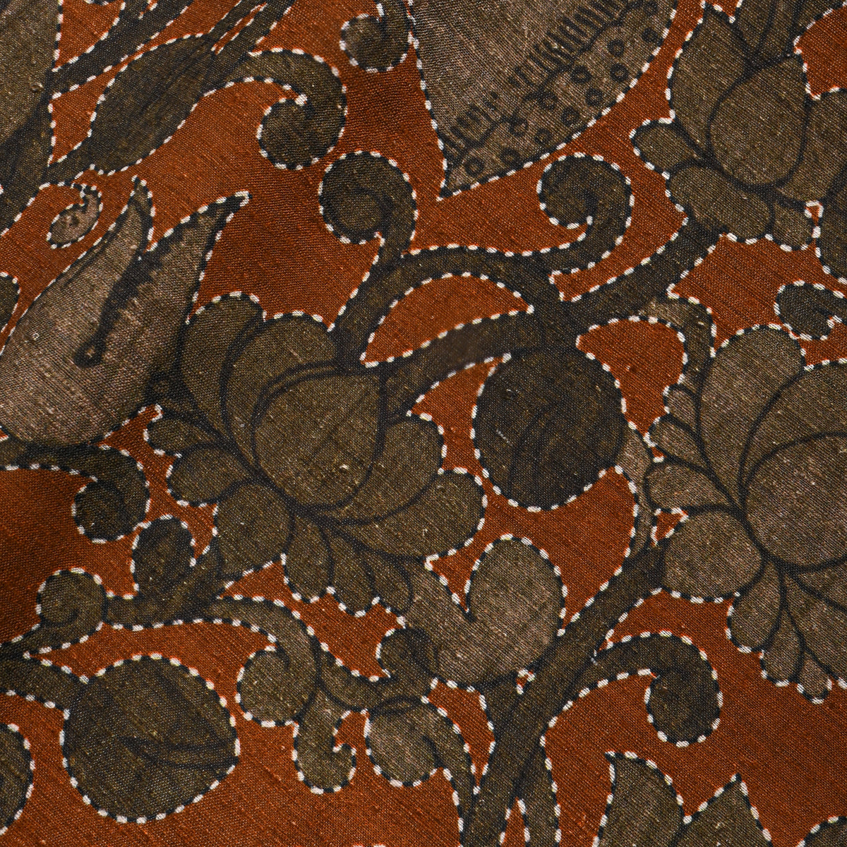 Rust Lotus Digital Print Raw Silk Fabric