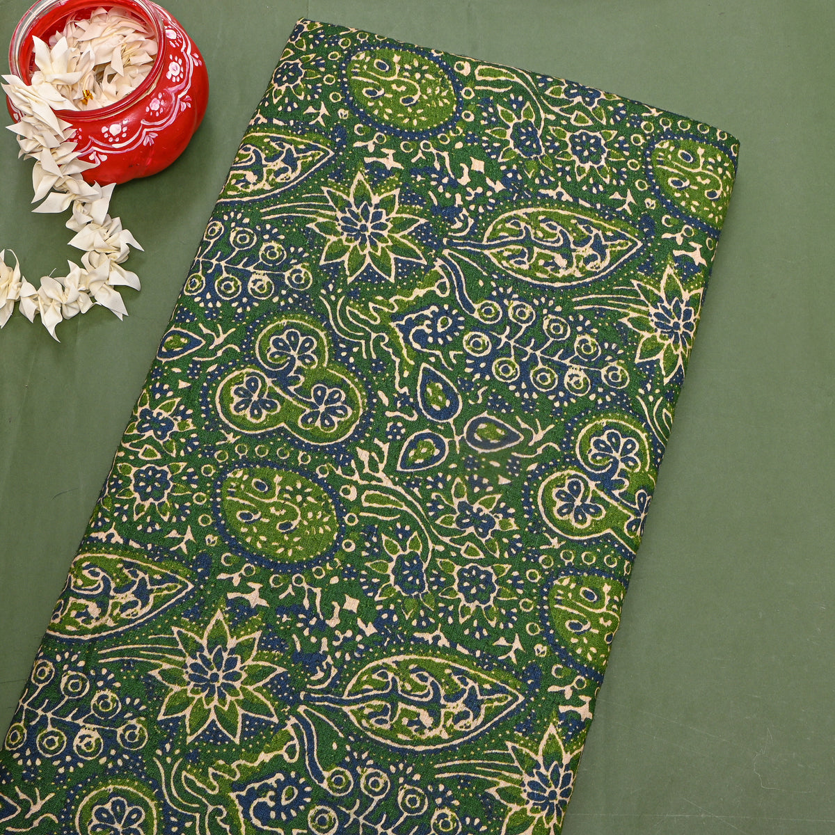 Bottle Green Blue Floral Paisley Digital Print TussarFabric