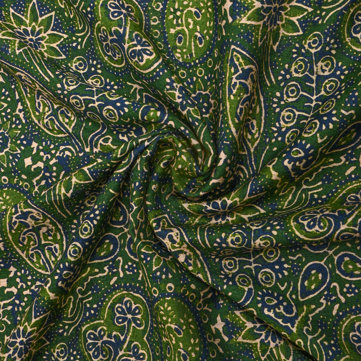 Bottle Green Blue Floral Paisley Digital Print TussarFabric