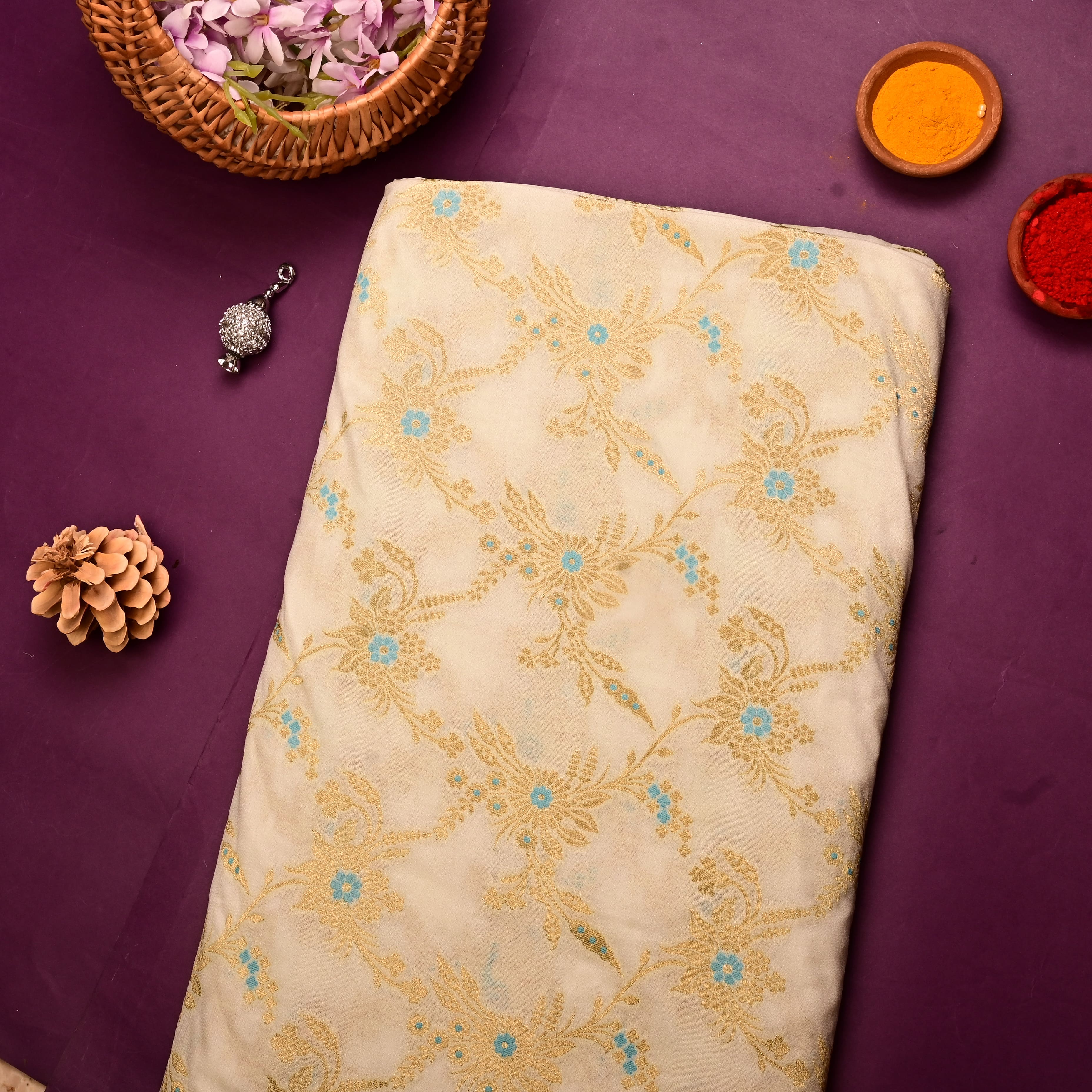 Bright Cream Banarasi Fabric With Golden Jaal