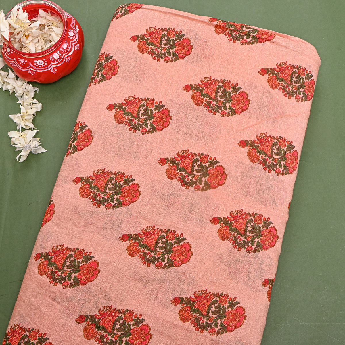 Blush Peach Floral Butti Print Tussar Fabric