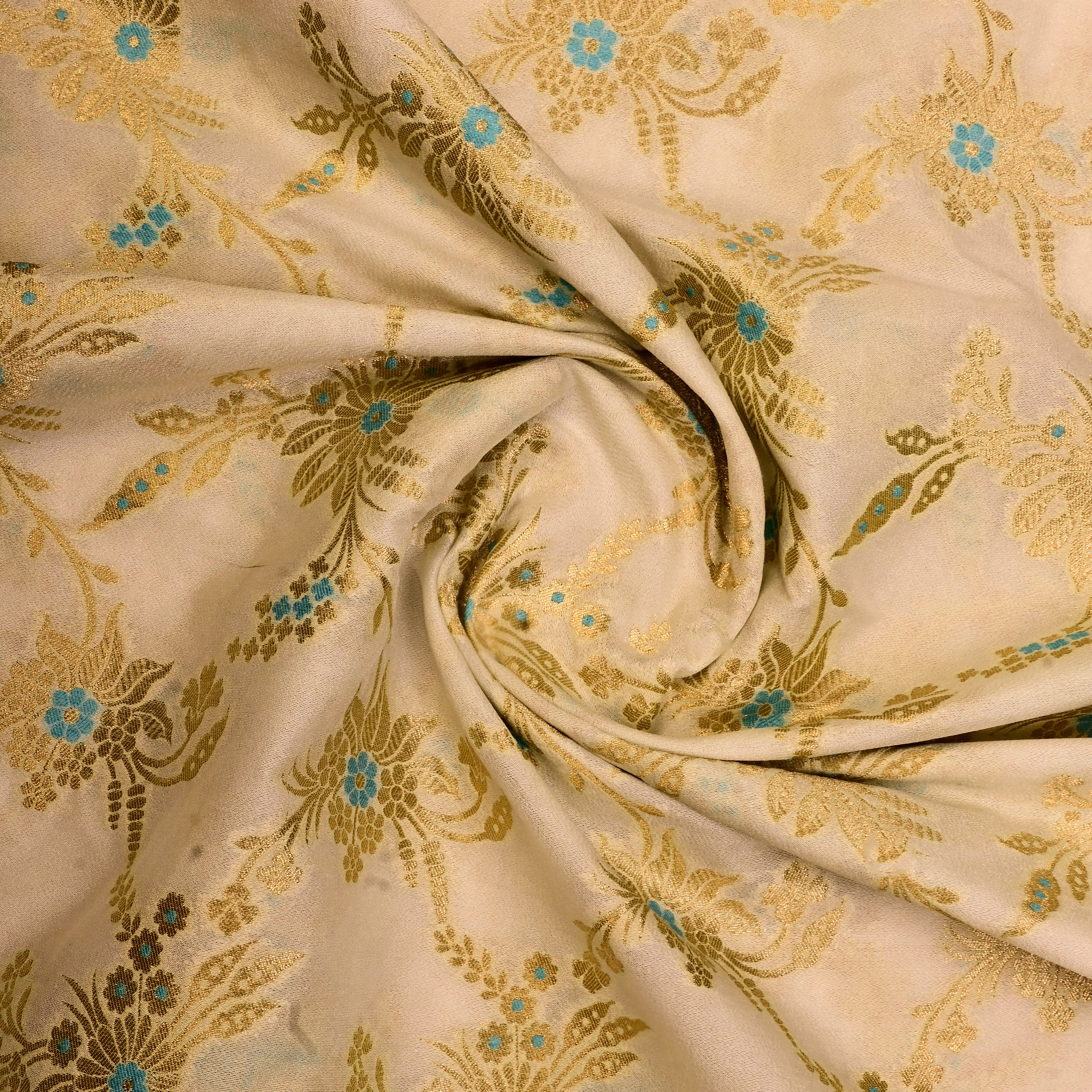 Bright Cream Banarasi Fabric With Golden Jaal