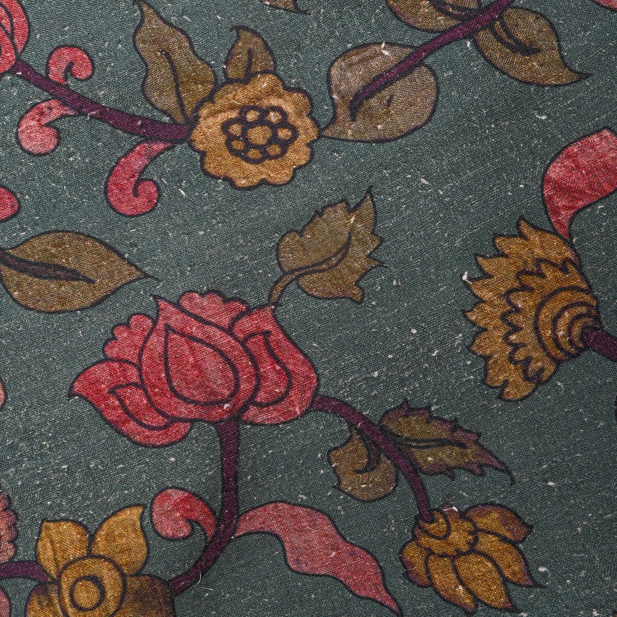 Pine Green Rose Jaal Digital Print Raw Silk Fabric
